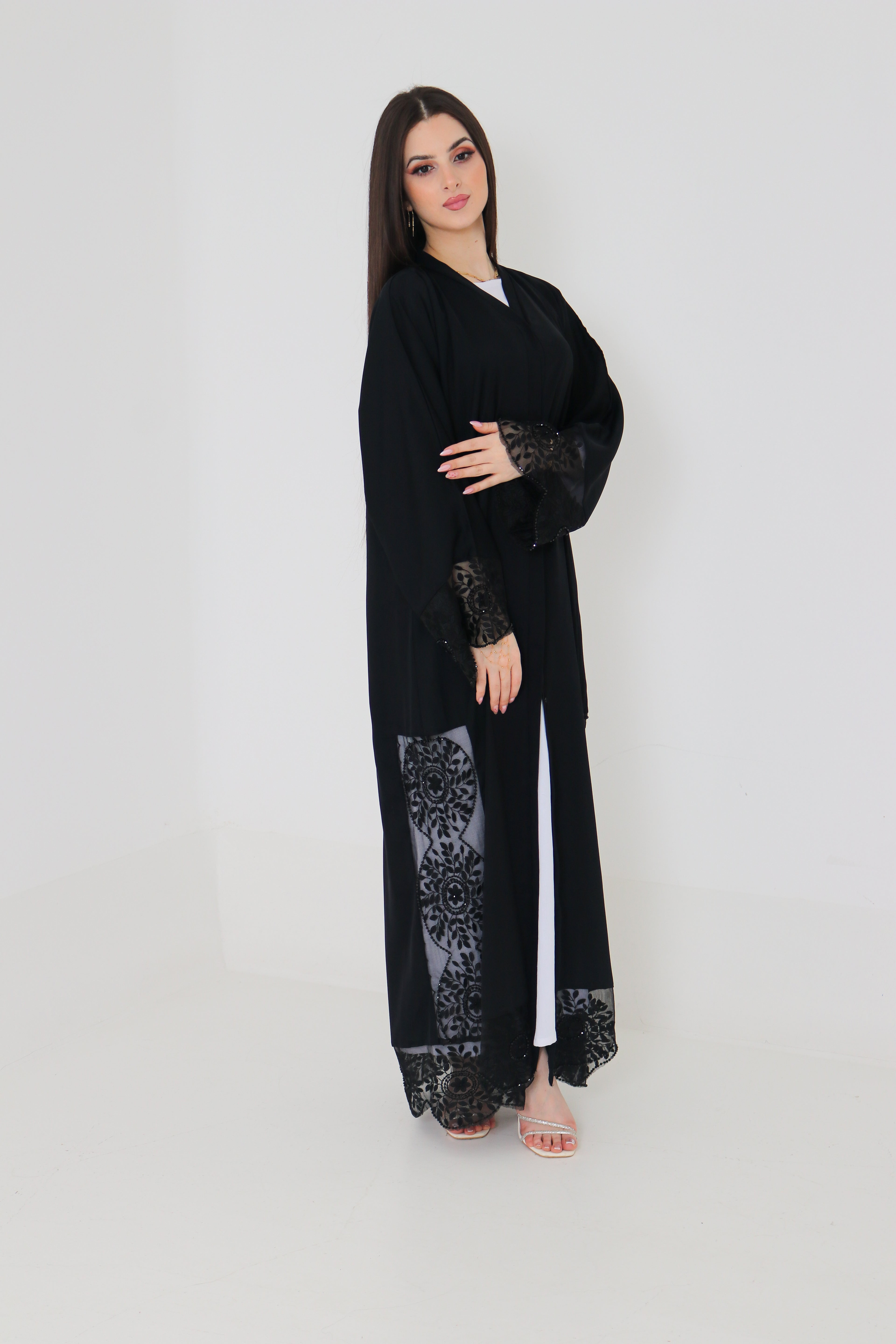 Black Embroidered Abaya | Floral Lace Panel & Beaded Cuff Detail