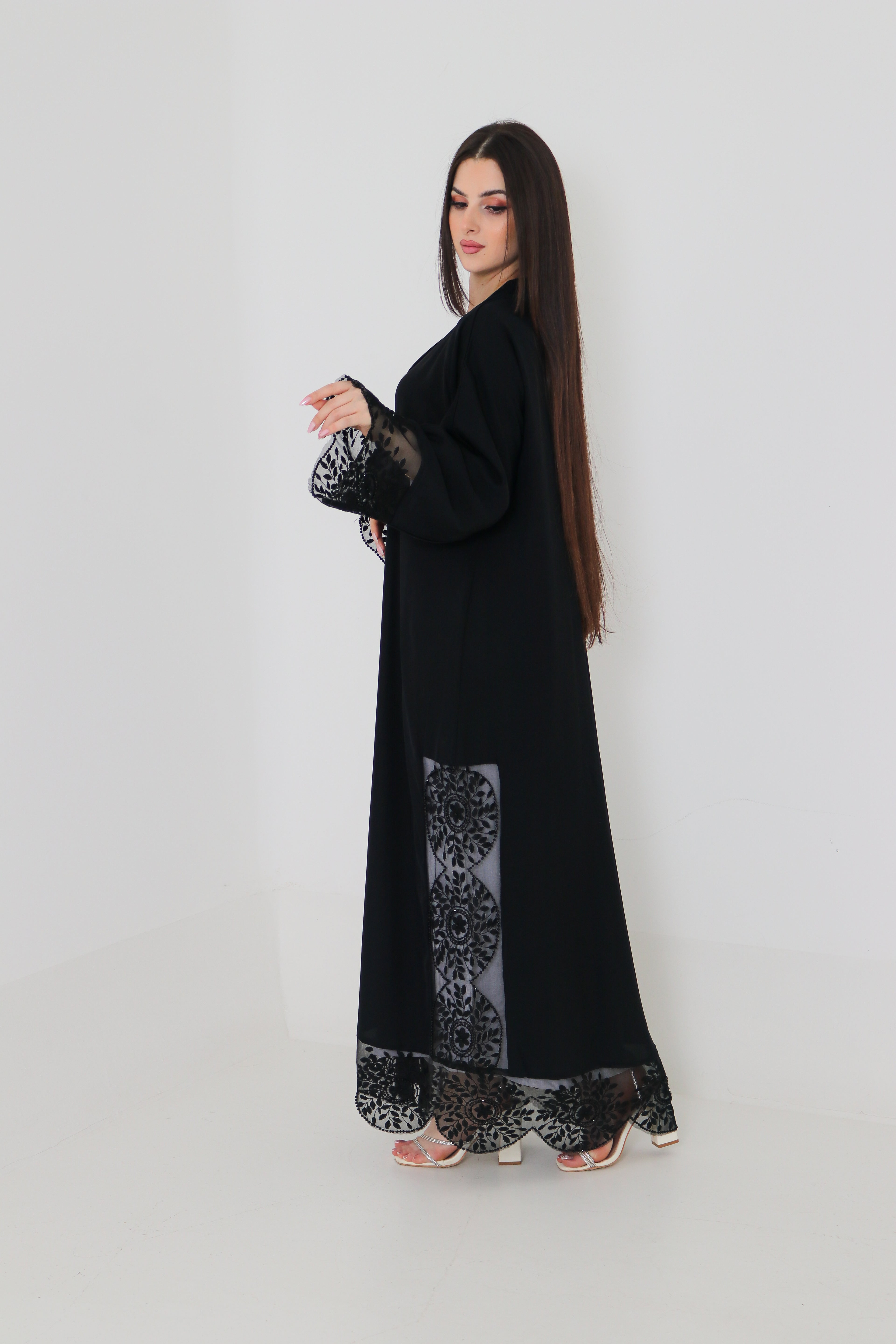 Black Embroidered Abaya | Floral Lace Panel & Beaded Cuff Detail
