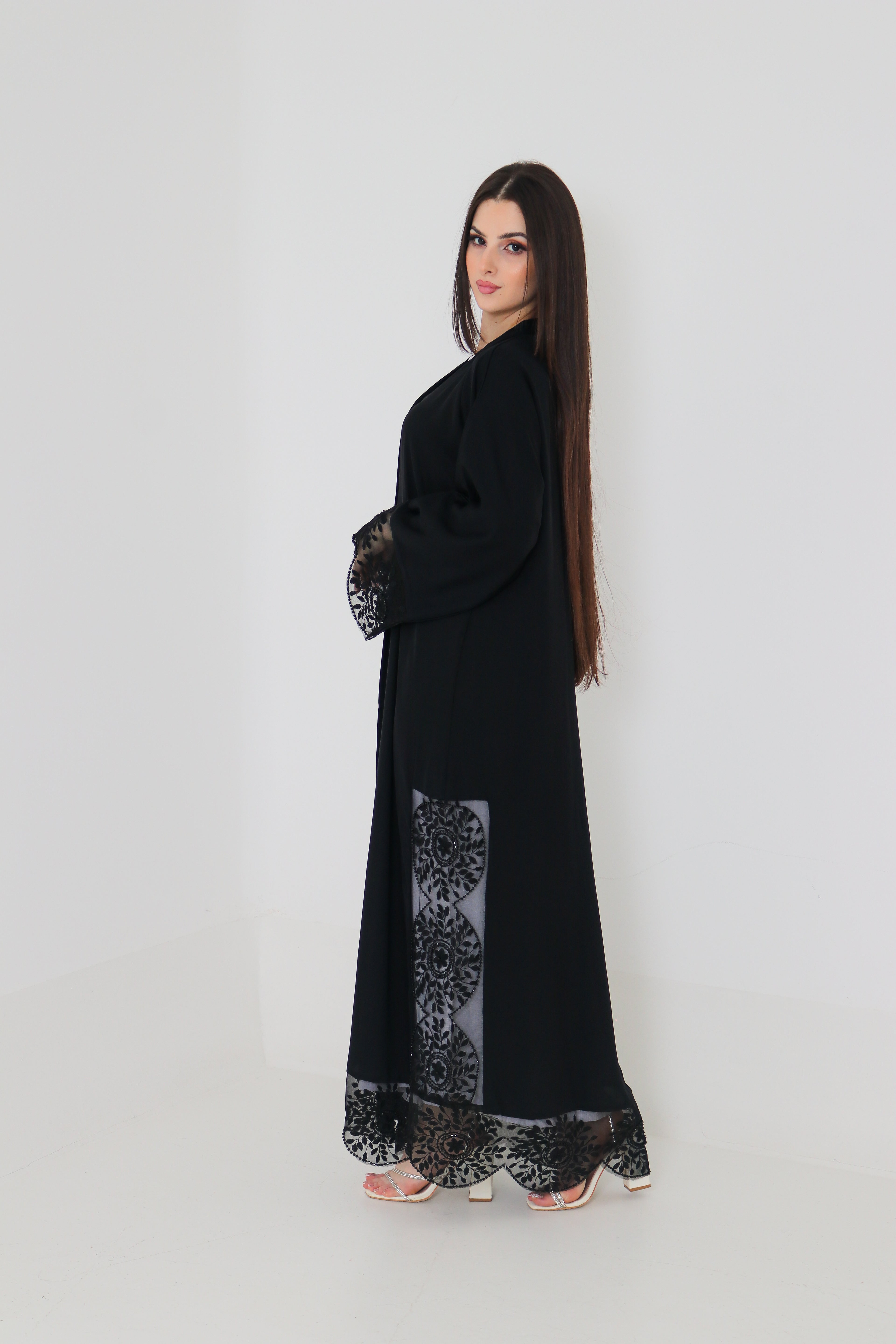 Black Embroidered Abaya | Floral Lace Panel & Beaded Cuff Detail