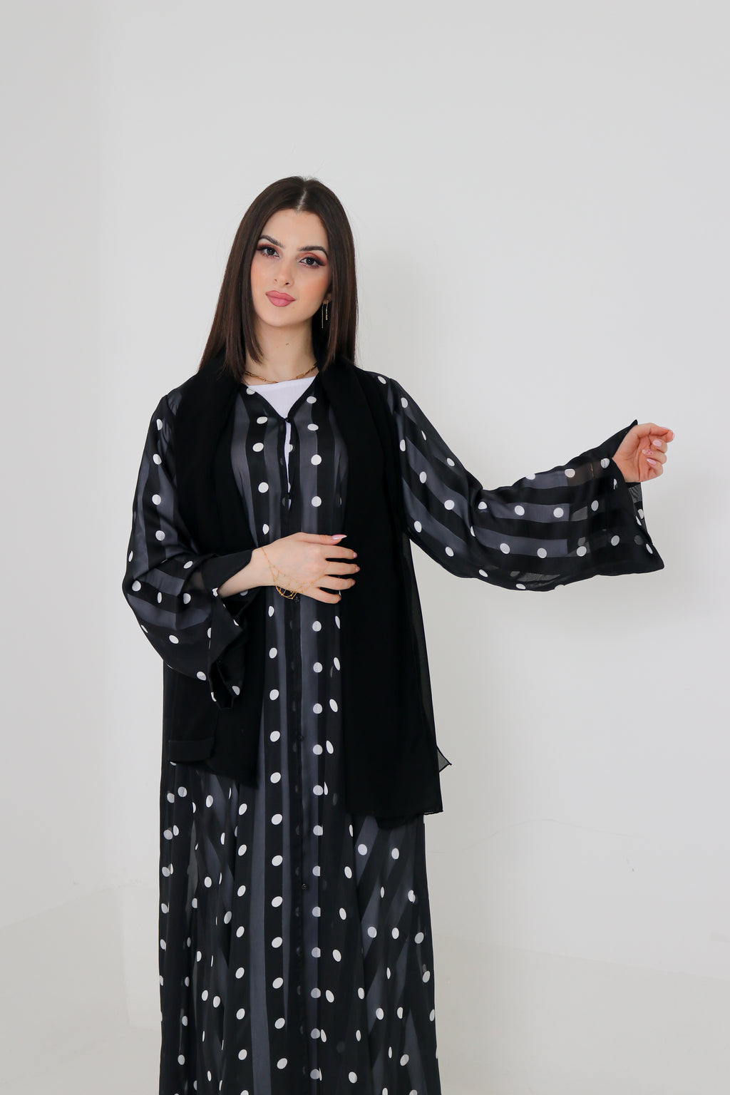 Black & White Polka Dot Abaya Set | Sheer Stripe Open Front with Inner