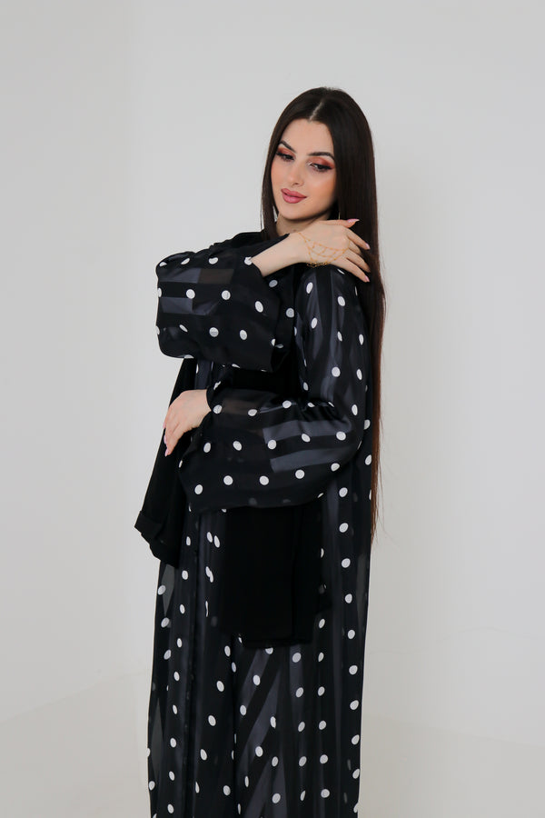 Black & White Polka Dot Abaya Set | Sheer Stripe Open Front with Inner