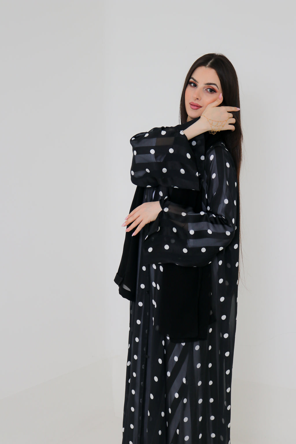 Black & White Polka Dot Abaya Set | Sheer Stripe Open Front with Inner