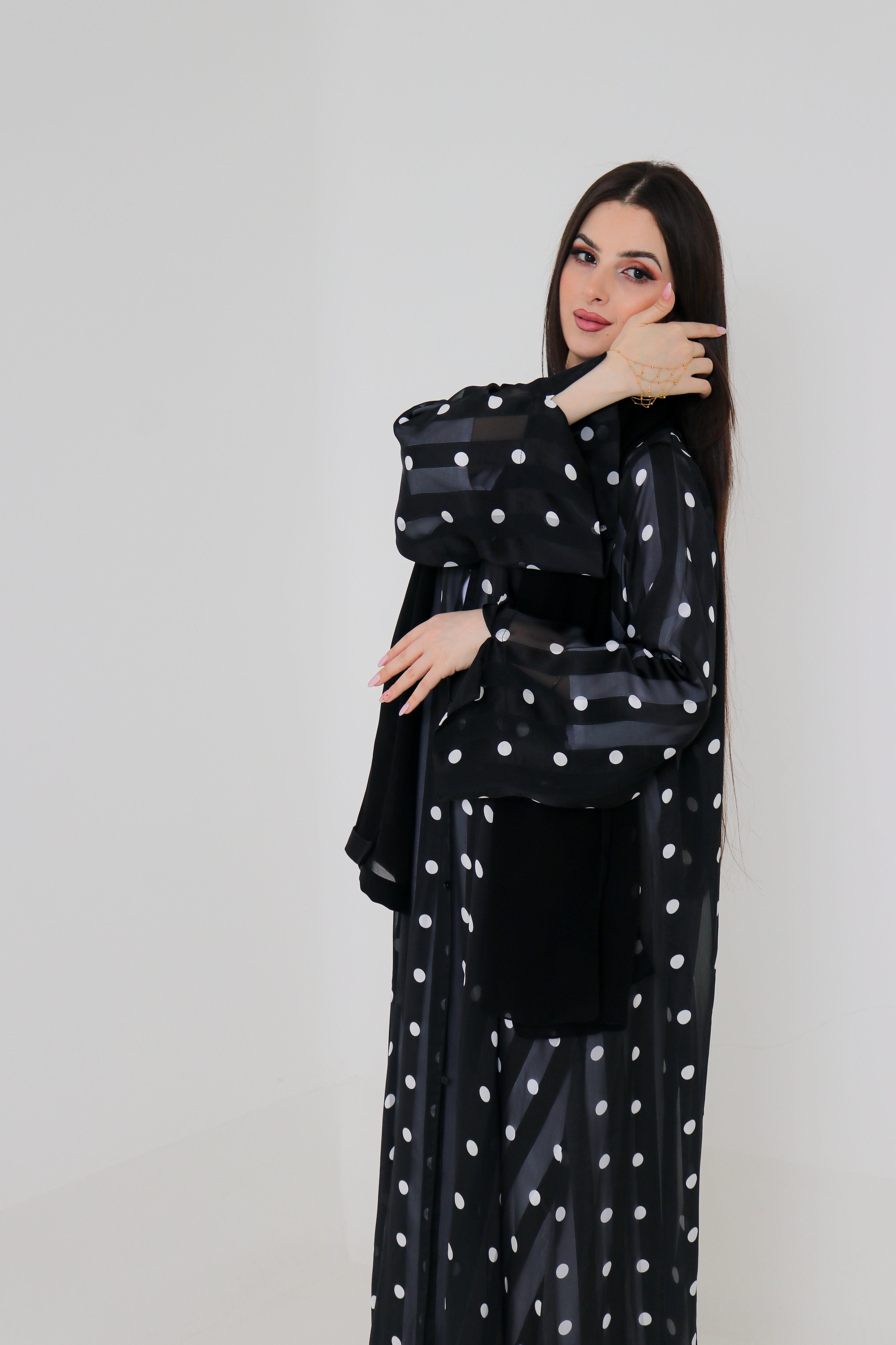Black & White Polka Dot Abaya Set | Sheer Stripe Open Front with Inner