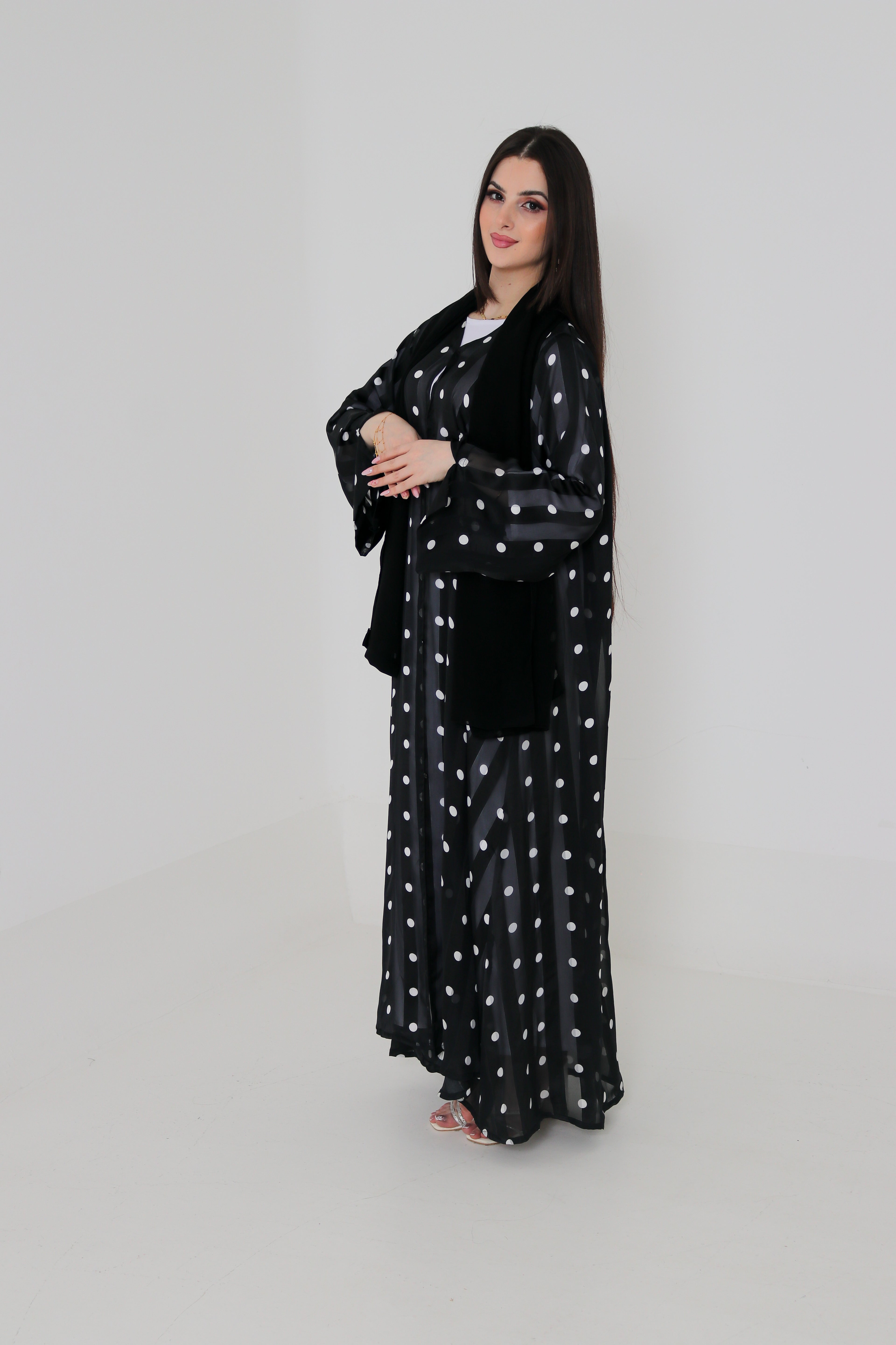 Black & White Polka Dot Abaya Set | Sheer Stripe Open Front with Inner