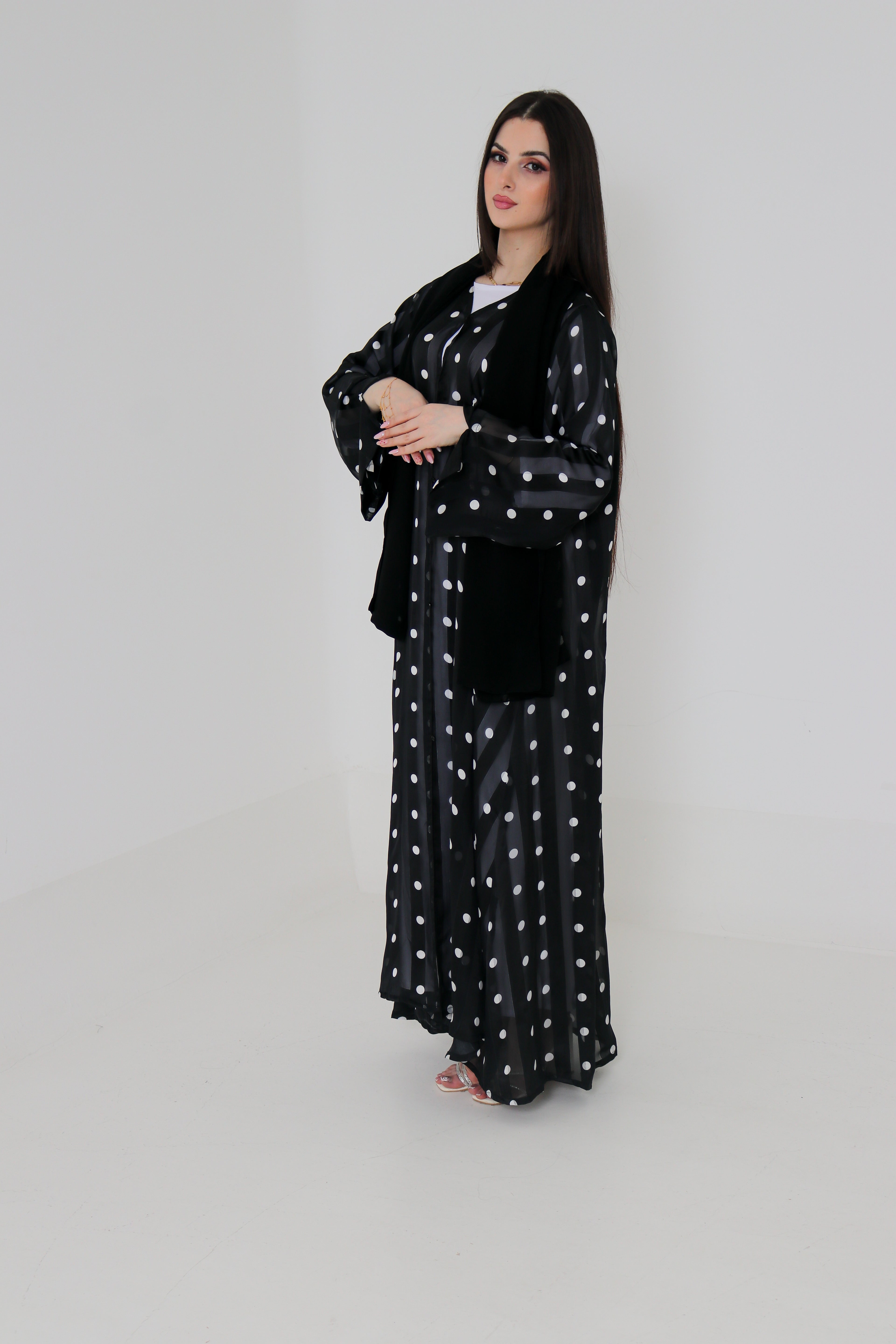Black & White Polka Dot Abaya Set | Sheer Stripe Open Front with Inner