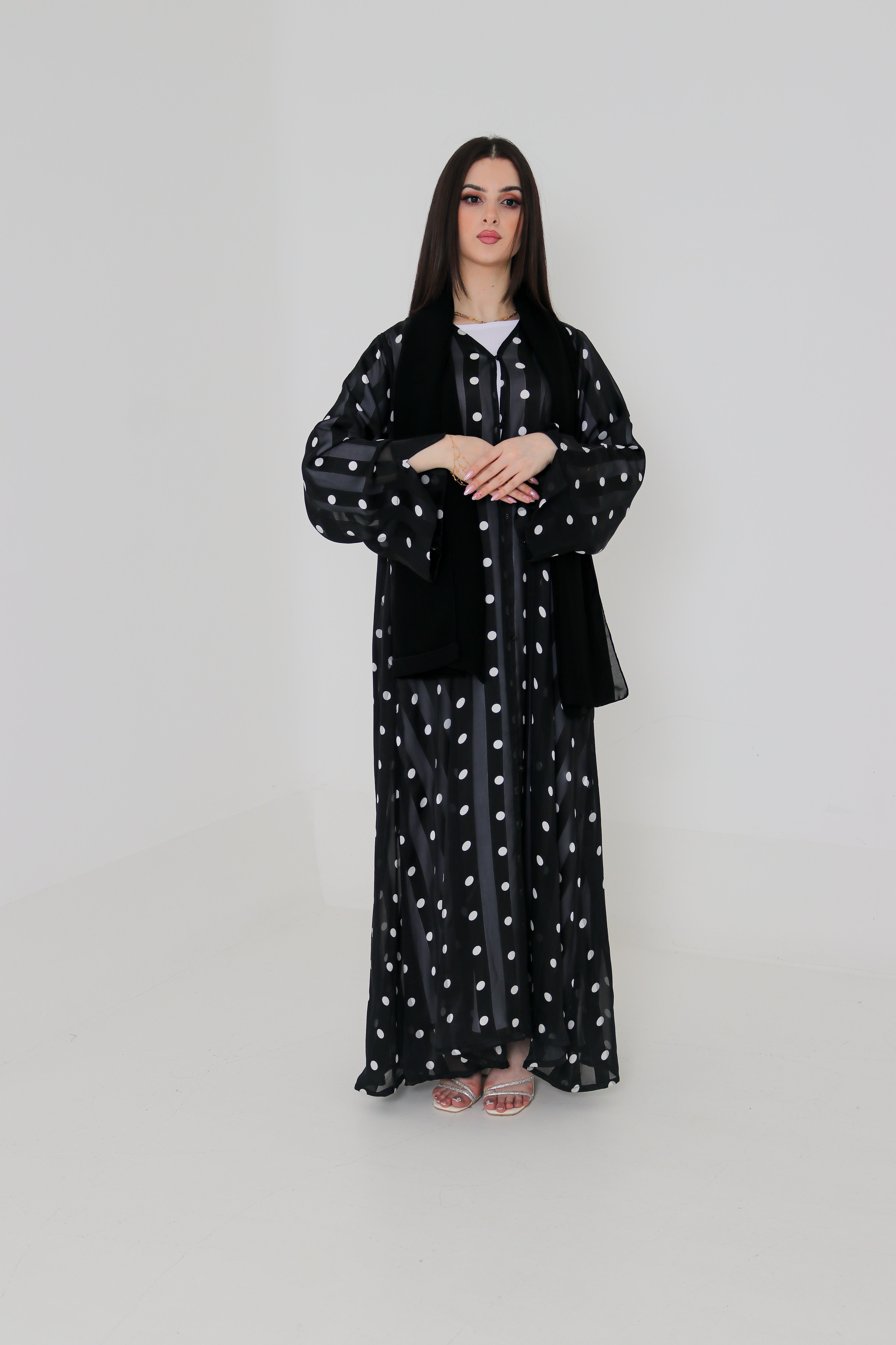Black & White Polka Dot Abaya Set | Sheer Stripe Open Front with Inner