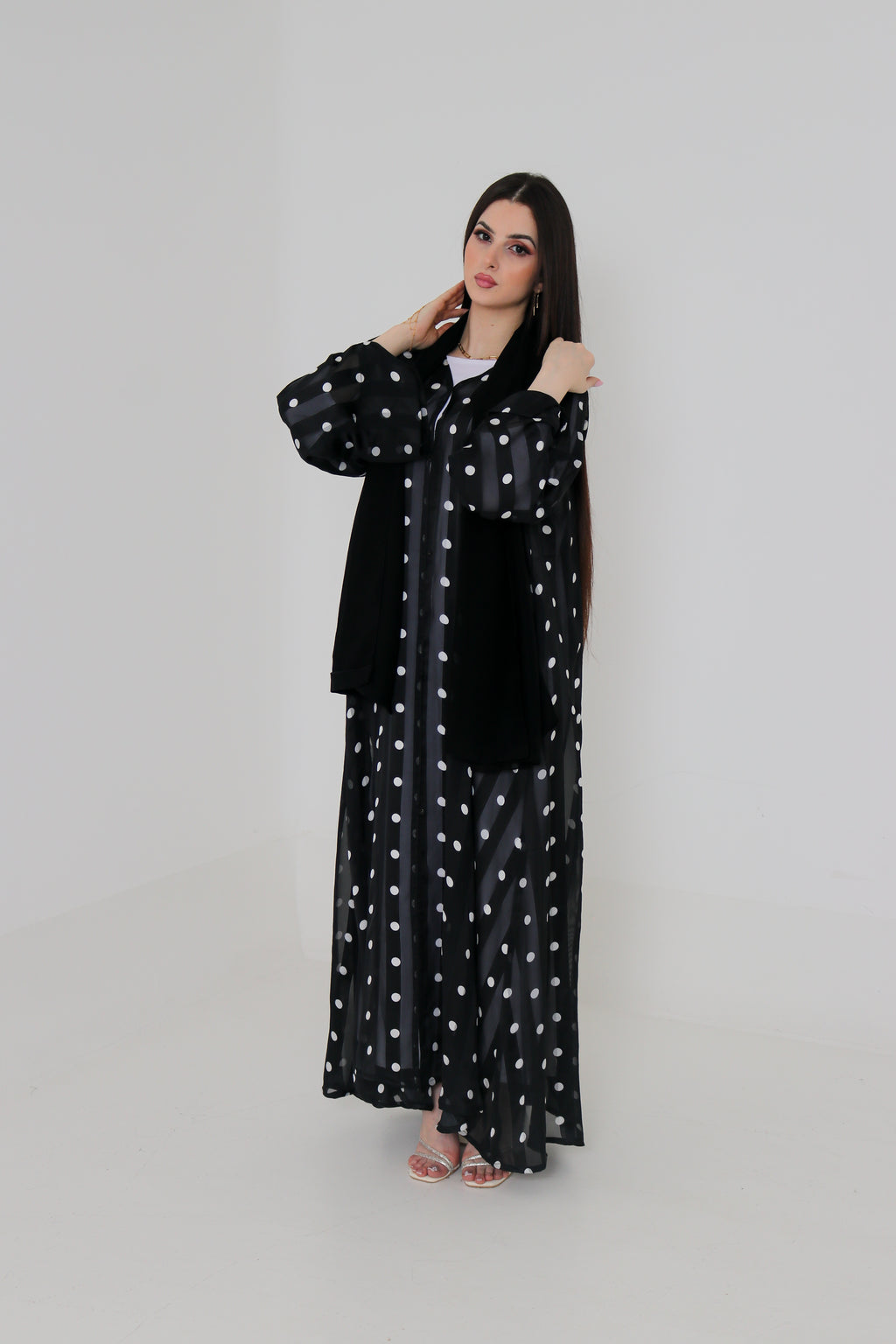 Black & White Polka Dot Abaya Set | Sheer Stripe Open Front with Inner