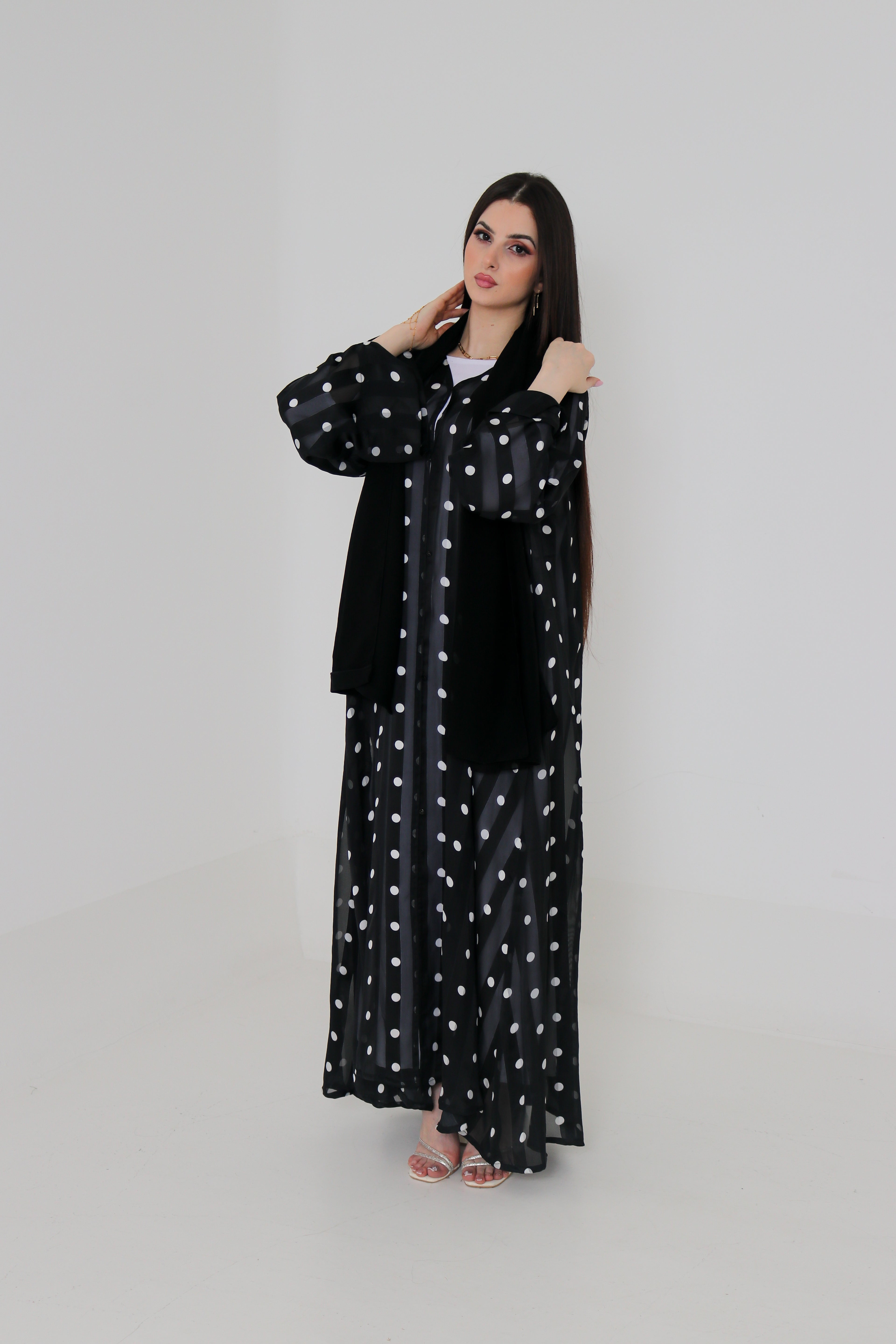 Black & White Polka Dot Abaya Set | Sheer Stripe Open Front with Inner