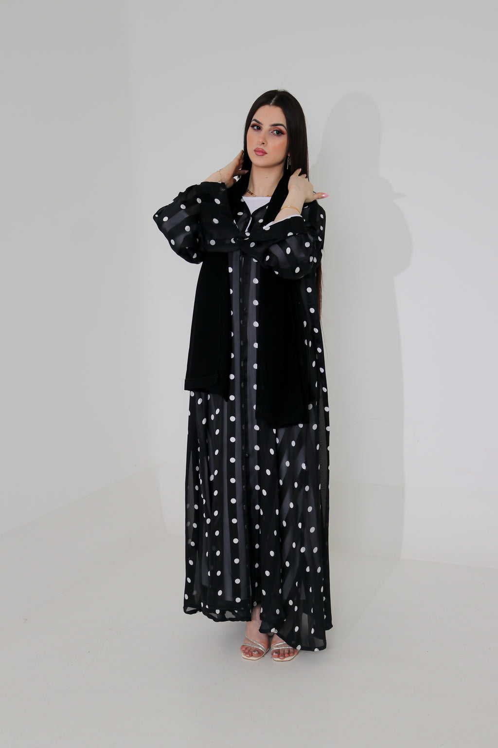 Black & White Polka Dot Abaya Set | Sheer Stripe Open Front with Inner