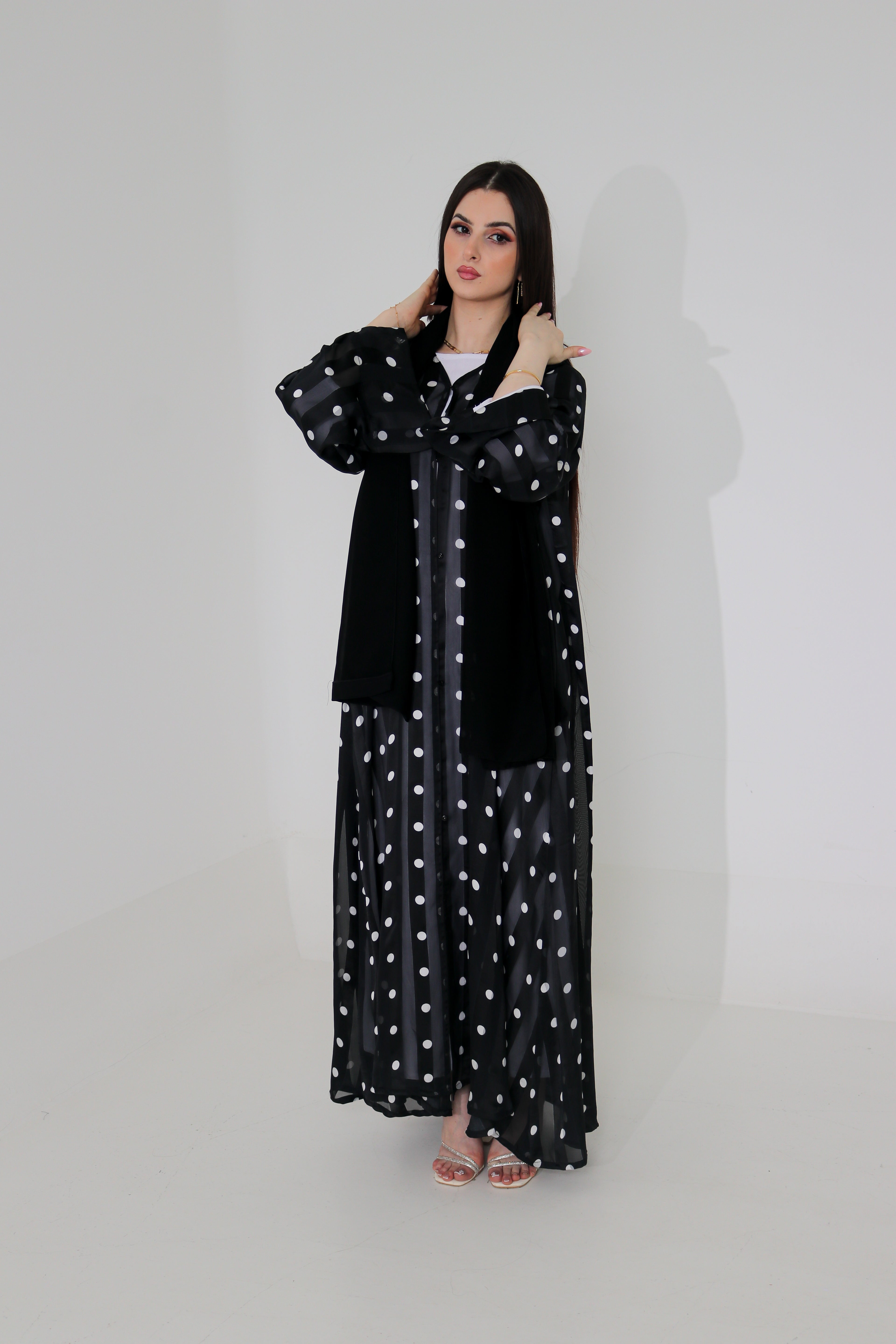 Black & White Polka Dot Abaya Set | Sheer Stripe Open Front with Inner