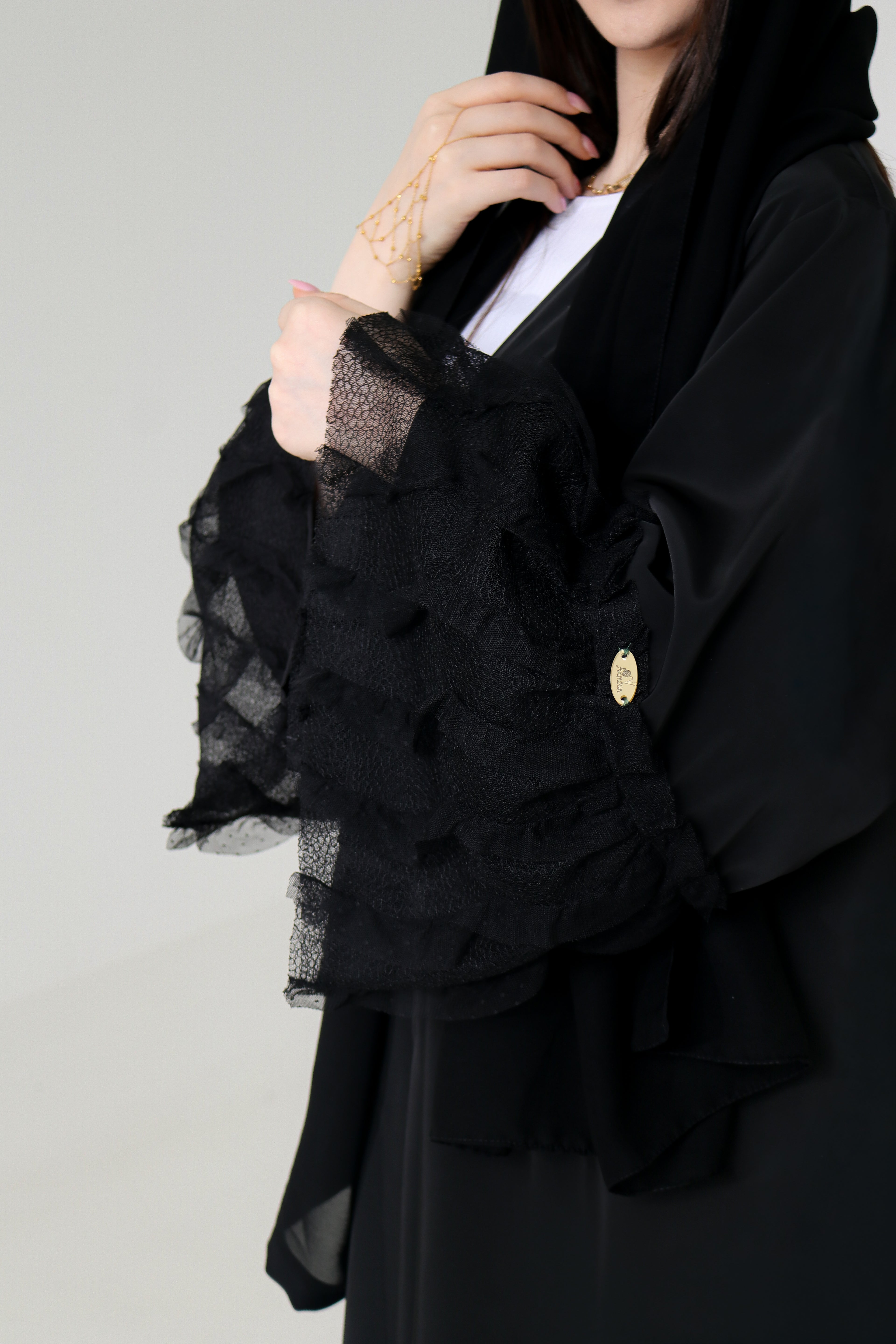 Black Ruffle Lace Abaya | Tiered Tulle Cuff & Hem Detail