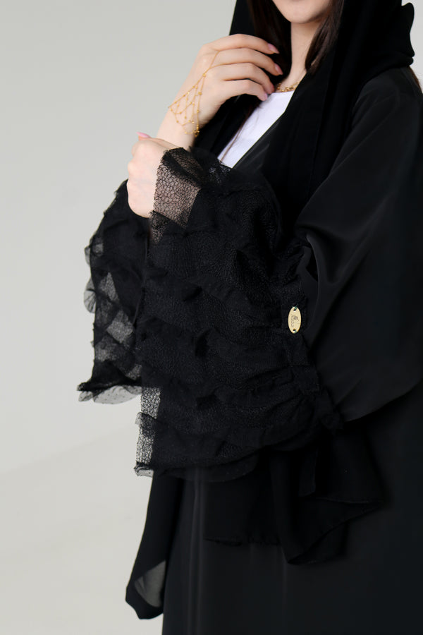 Black Ruffle Lace Abaya | Tiered Tulle Cuff & Hem Detail