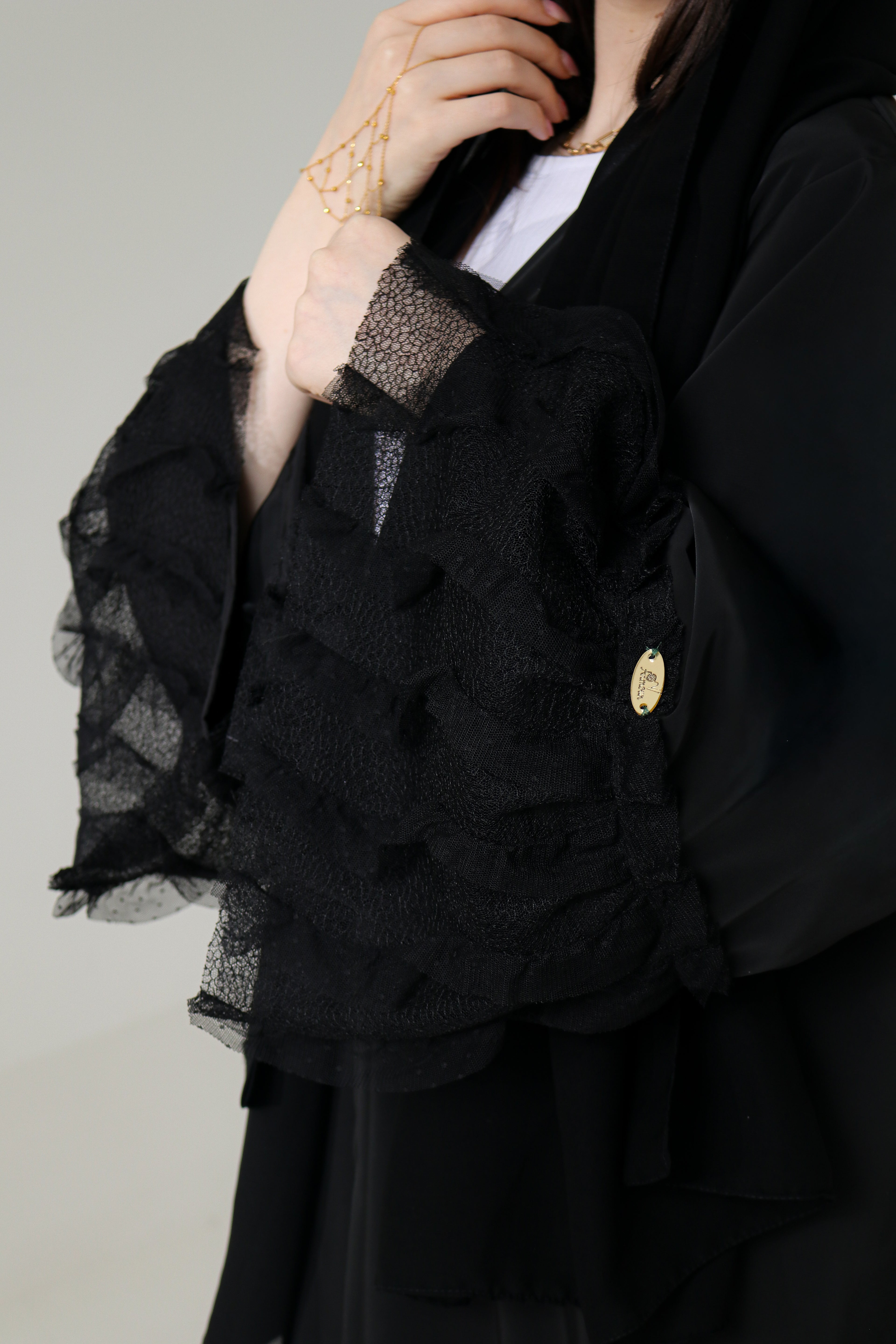 Black Ruffle Lace Abaya | Tiered Tulle Cuff & Hem Detail