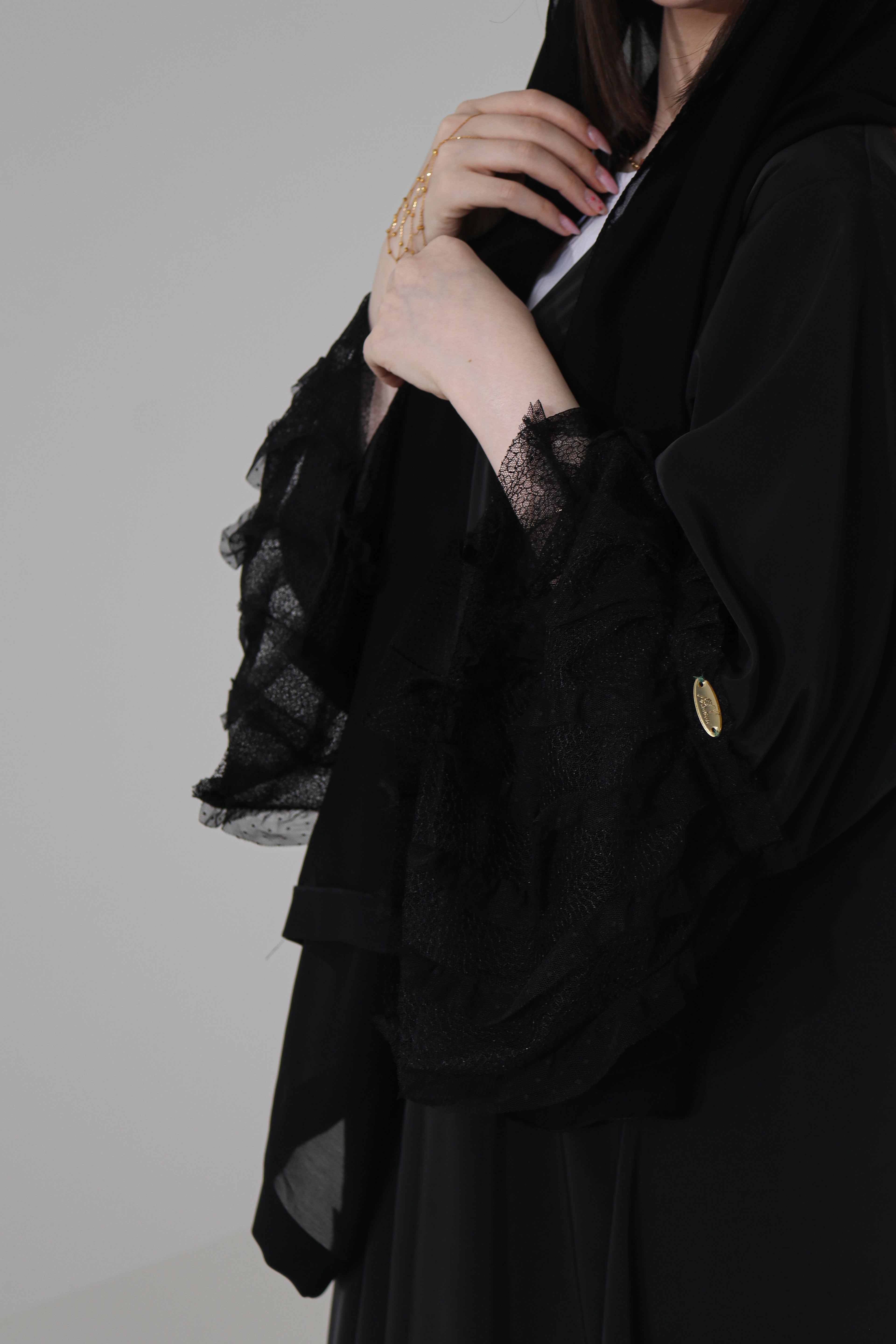 Black Ruffle Lace Abaya | Tiered Tulle Cuff & Hem Detail