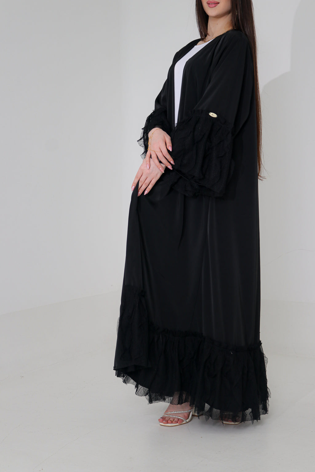 Black Ruffle Lace Abaya | Tiered Tulle Cuff & Hem Detail