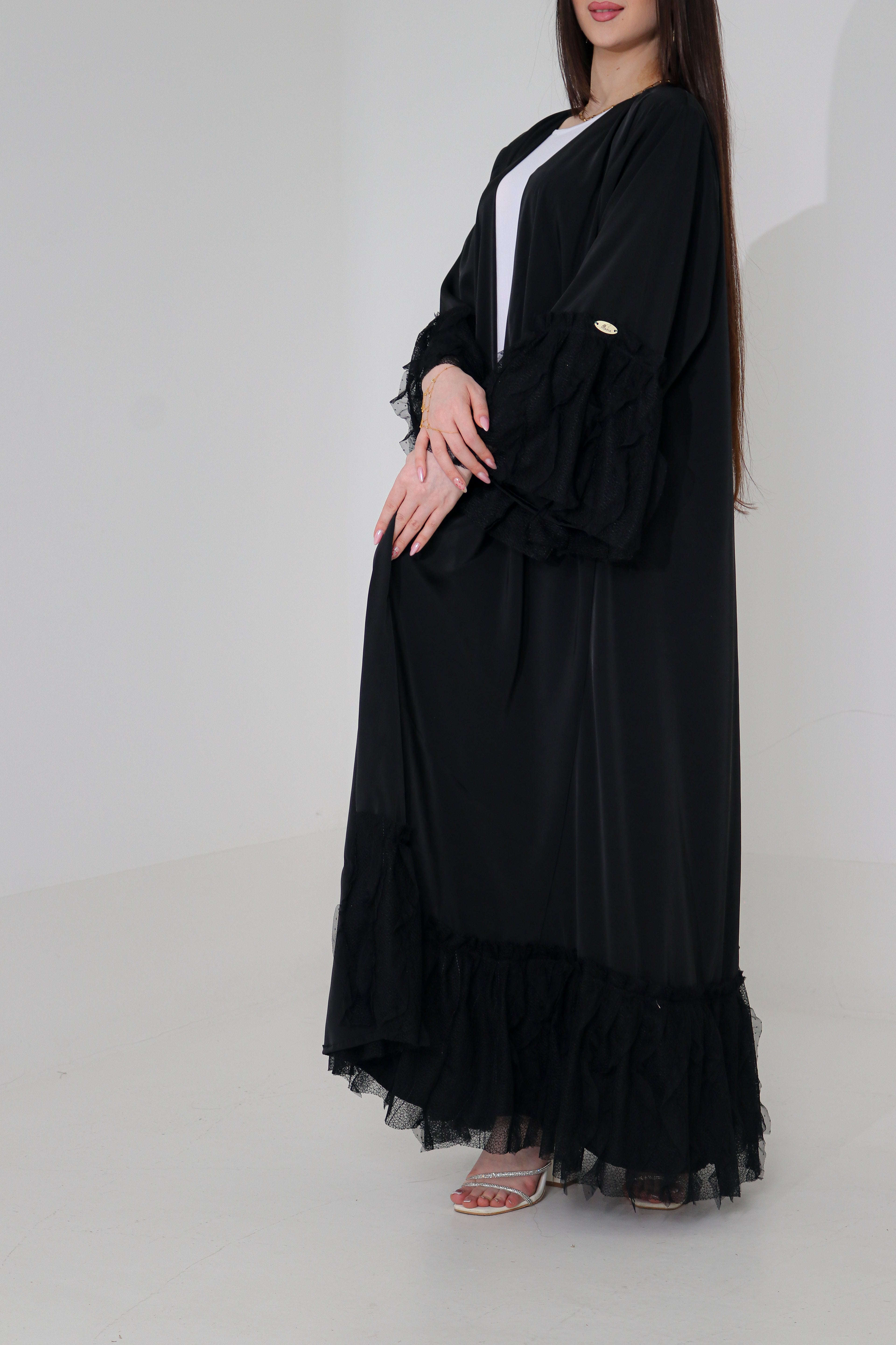 Black Ruffle Lace Abaya | Tiered Tulle Cuff & Hem Detail