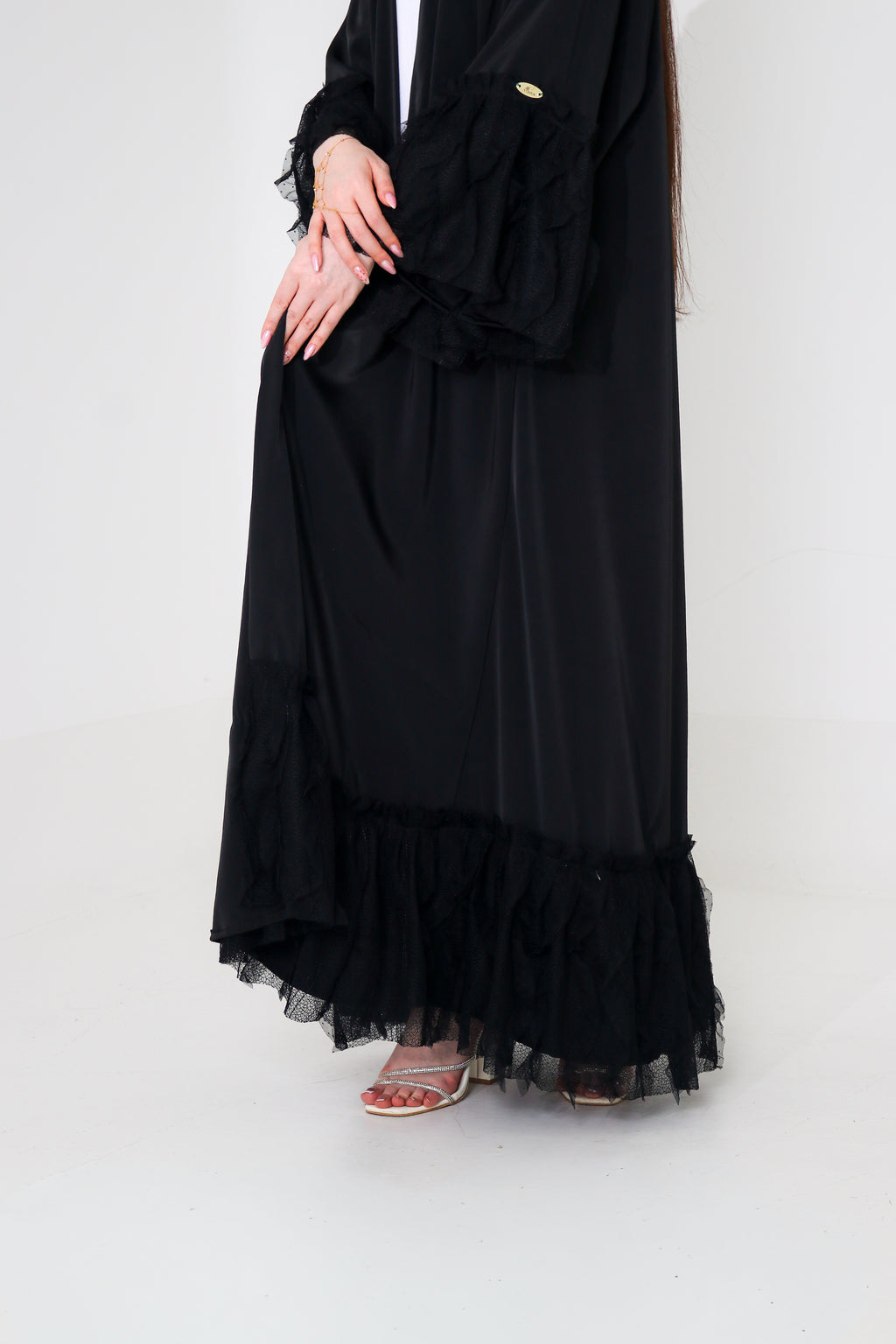 Black Ruffle Lace Abaya | Tiered Tulle Cuff & Hem Detail