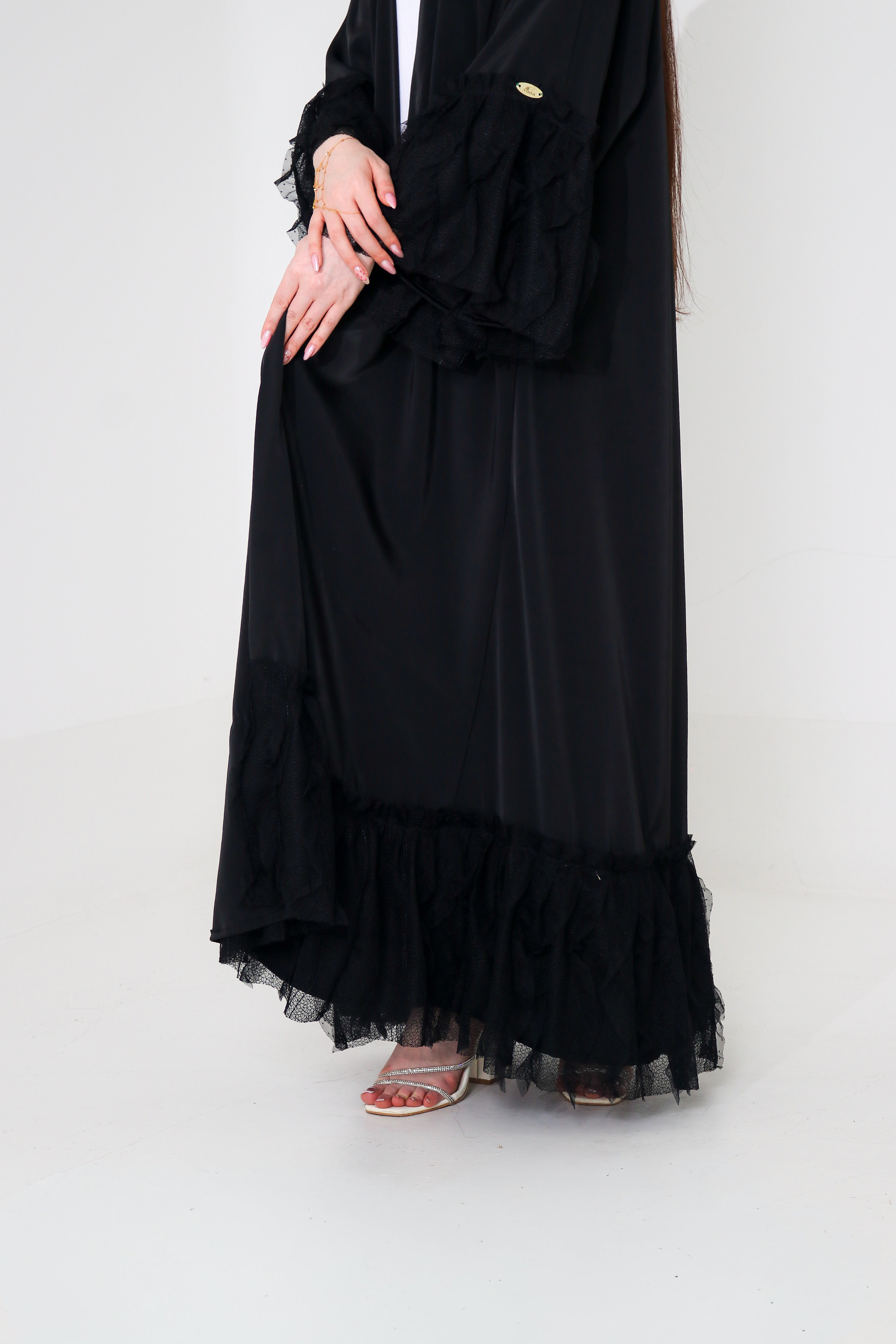 Black Ruffle Lace Abaya | Tiered Tulle Cuff & Hem Detail
