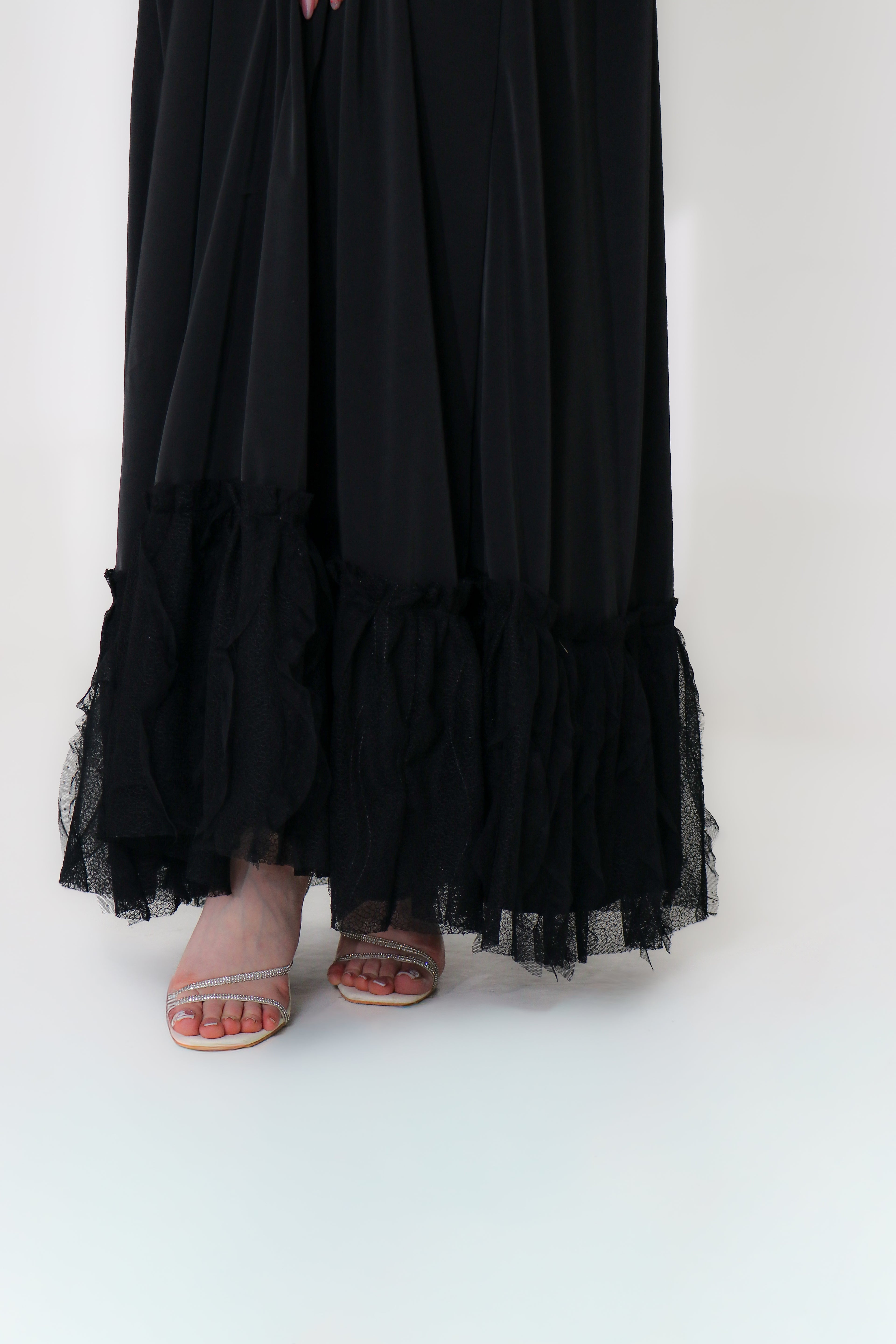 Black Ruffle Lace Abaya | Tiered Tulle Cuff & Hem Detail