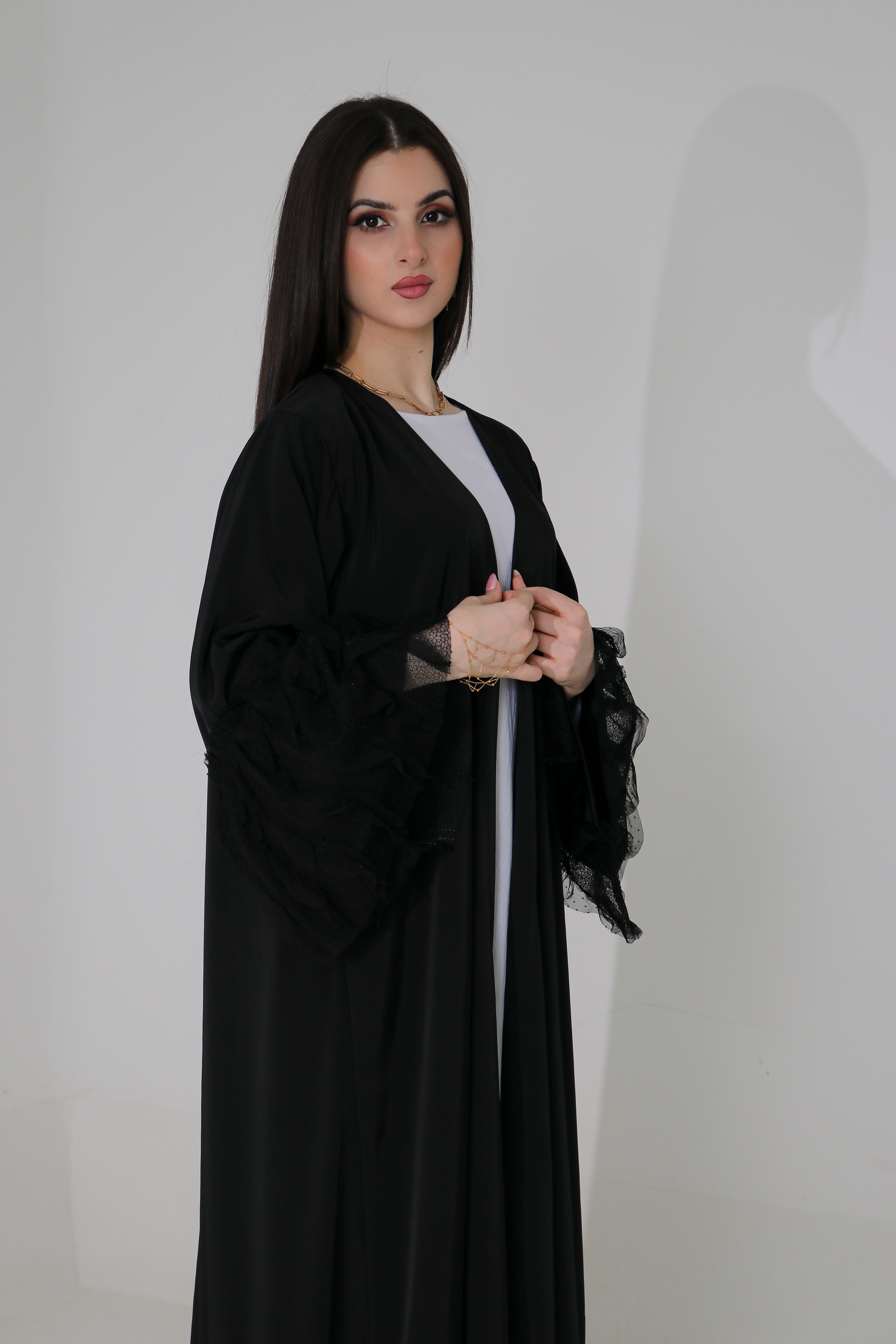 Black Ruffle Lace Abaya | Tiered Tulle Cuff & Hem Detail