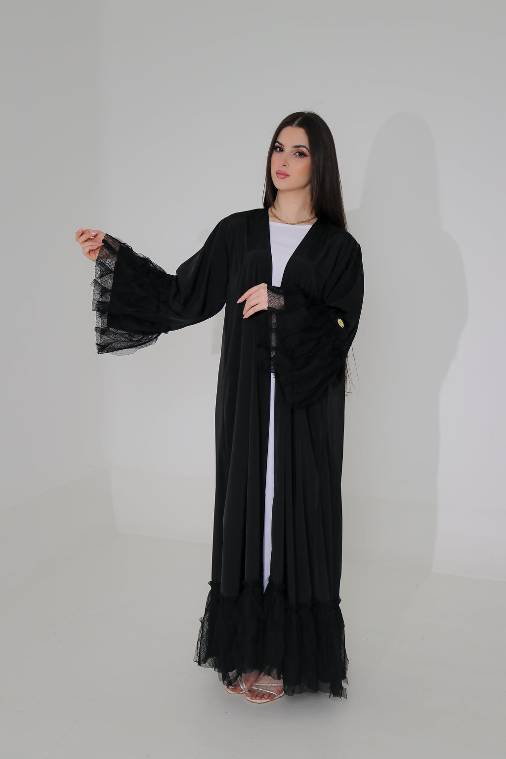 Black Ruffle Lace Abaya | Tiered Tulle Cuff & Hem Detail