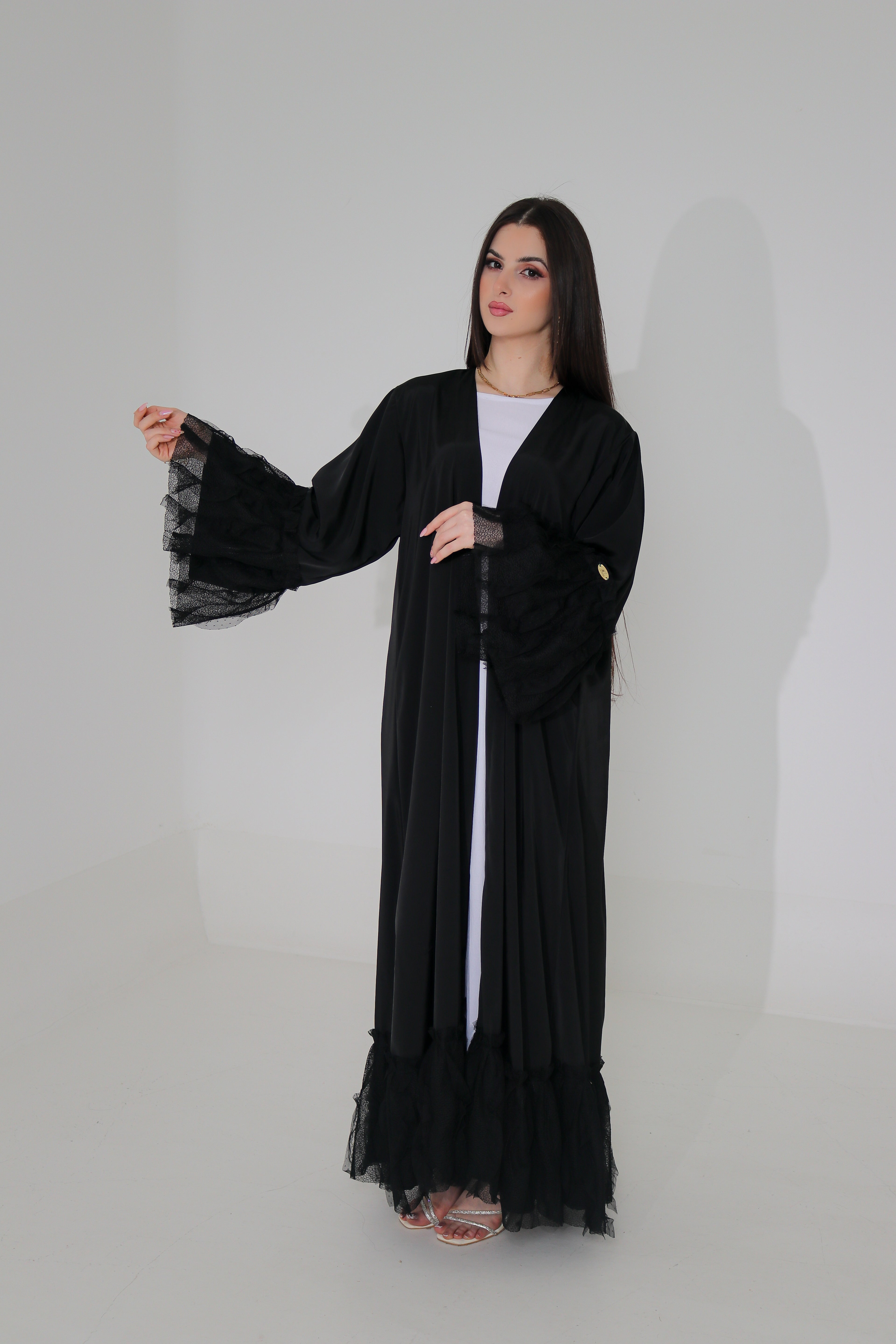 Black Ruffle Lace Abaya | Tiered Tulle Cuff & Hem Detail
