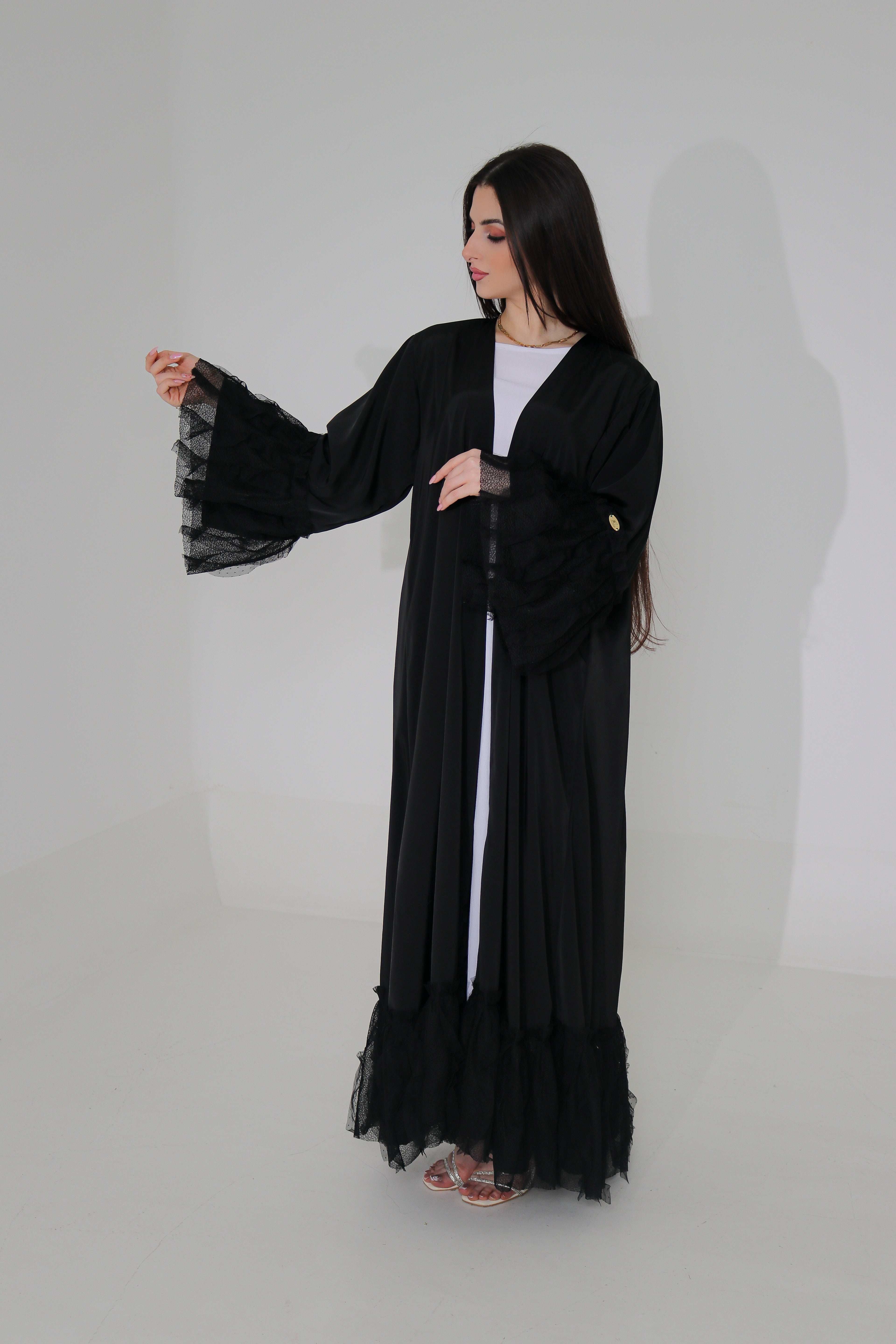 Black Ruffle Lace Abaya | Tiered Tulle Cuff & Hem Detail