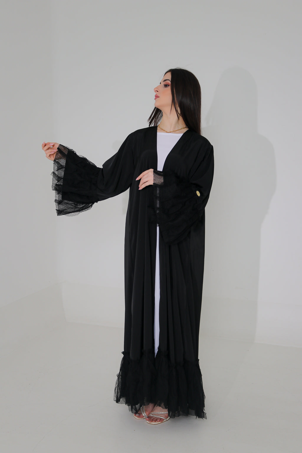 Black Ruffle Lace Abaya | Tiered Tulle Cuff & Hem Detail