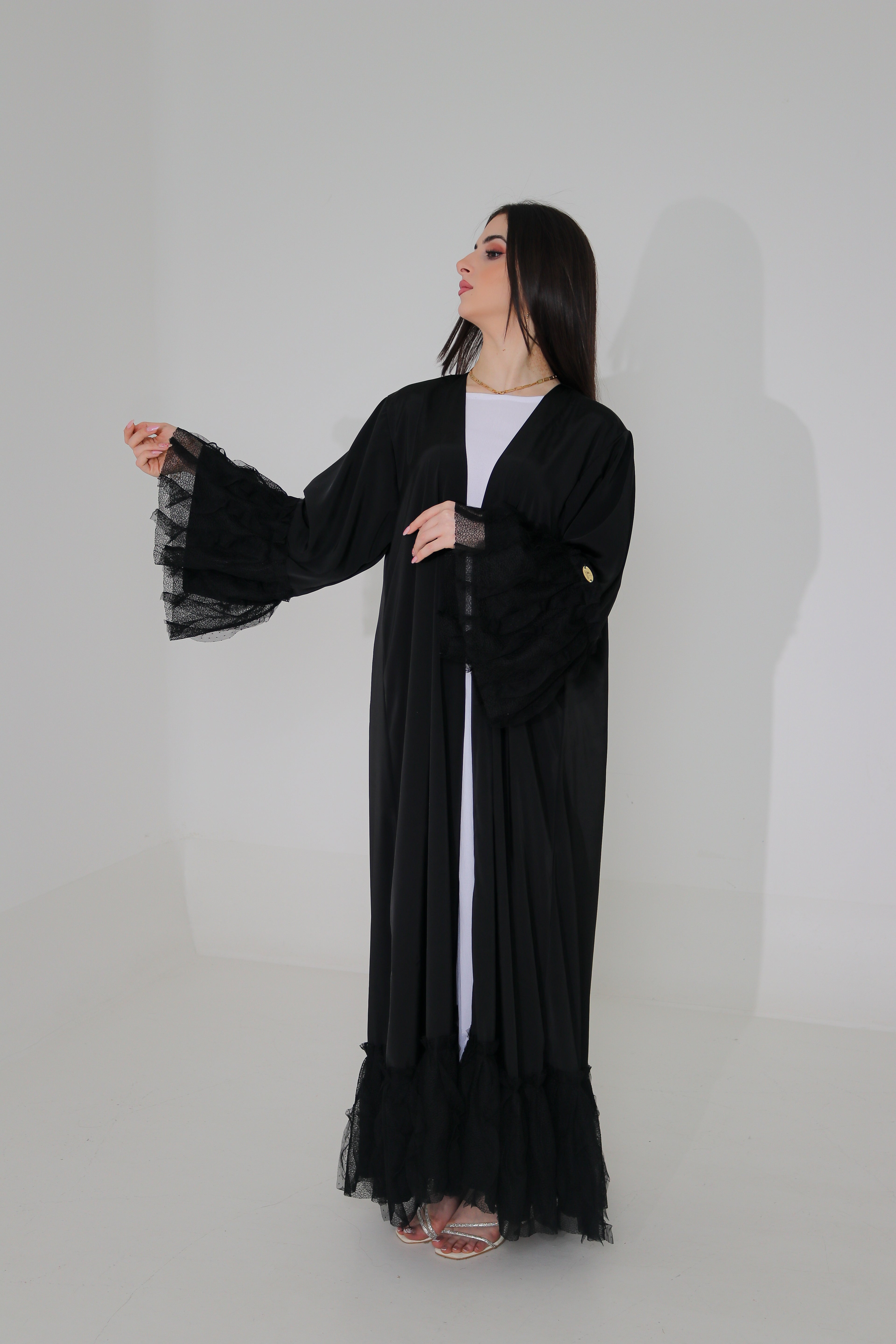 Black Ruffle Lace Abaya | Tiered Tulle Cuff & Hem Detail