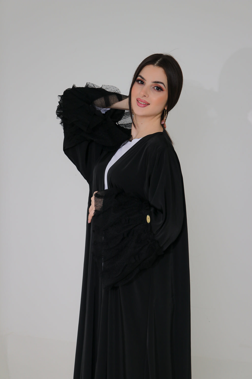 Black Ruffle Lace Abaya | Tiered Tulle Cuff & Hem Detail