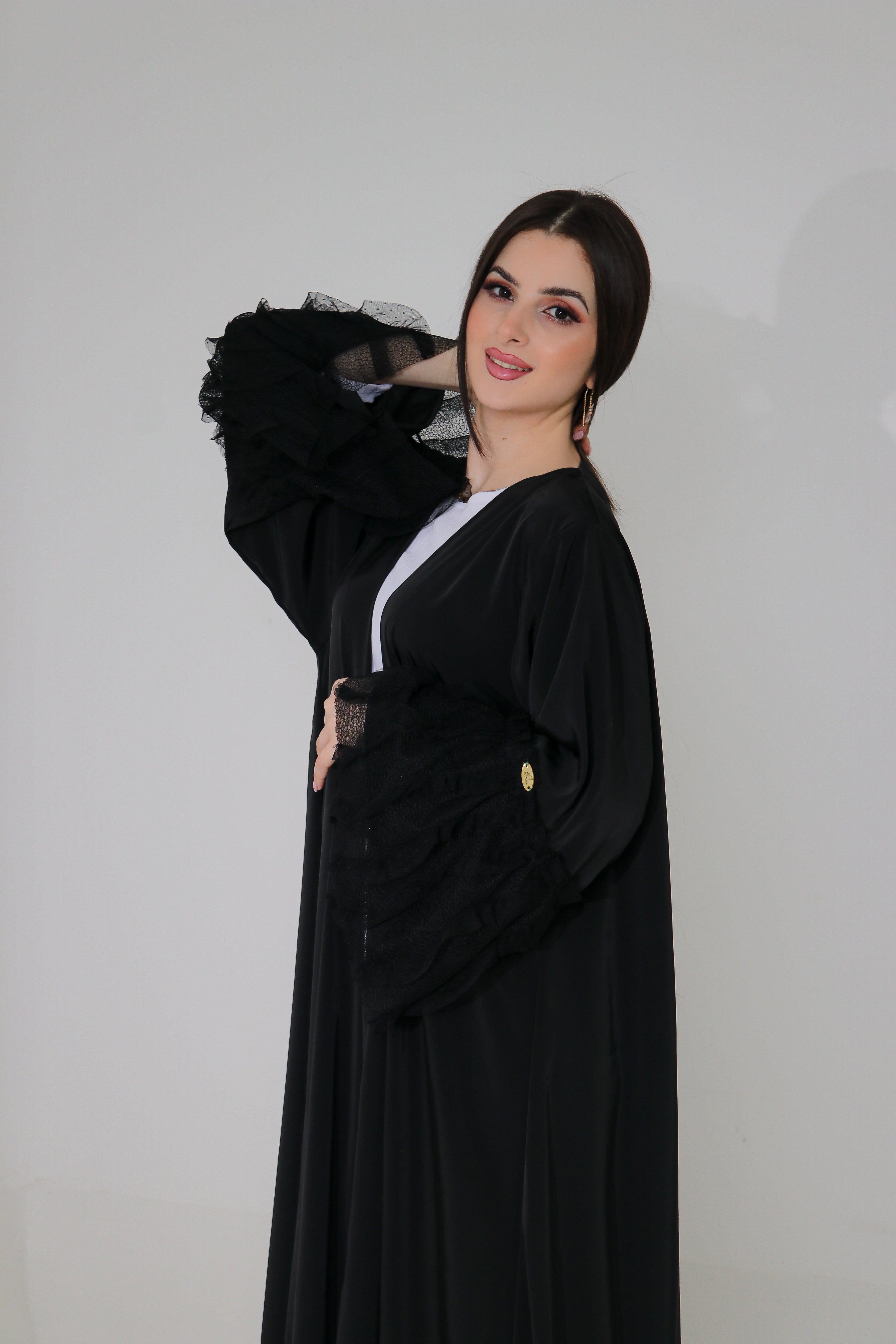 Black Ruffle Lace Abaya | Tiered Tulle Cuff & Hem Detail