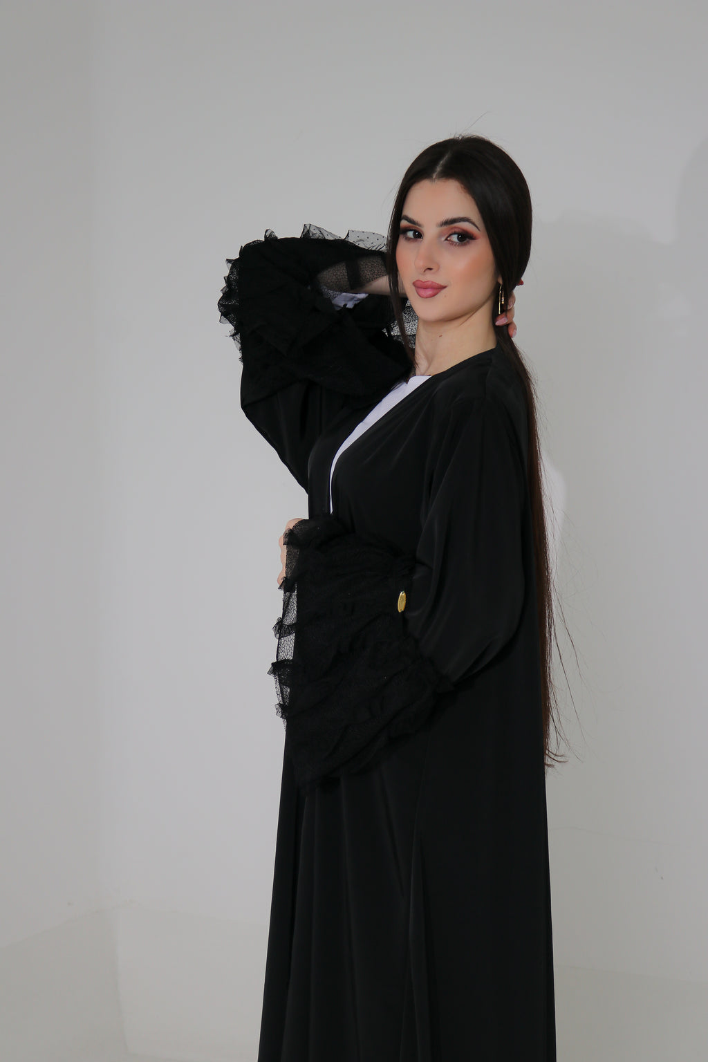 Black Ruffle Lace Abaya | Tiered Tulle Cuff & Hem Detail