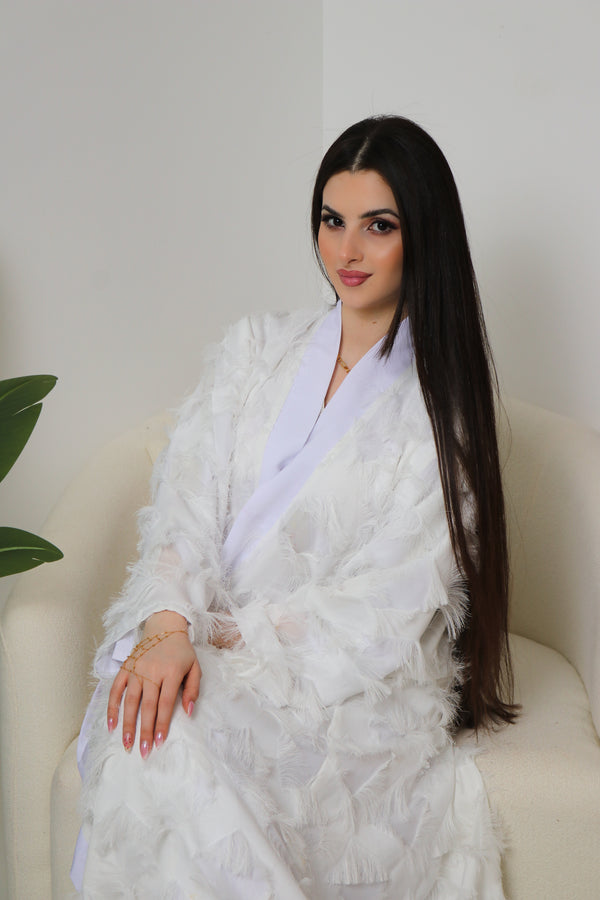 White Feather Abaya Set | Textured Feather Open Front
