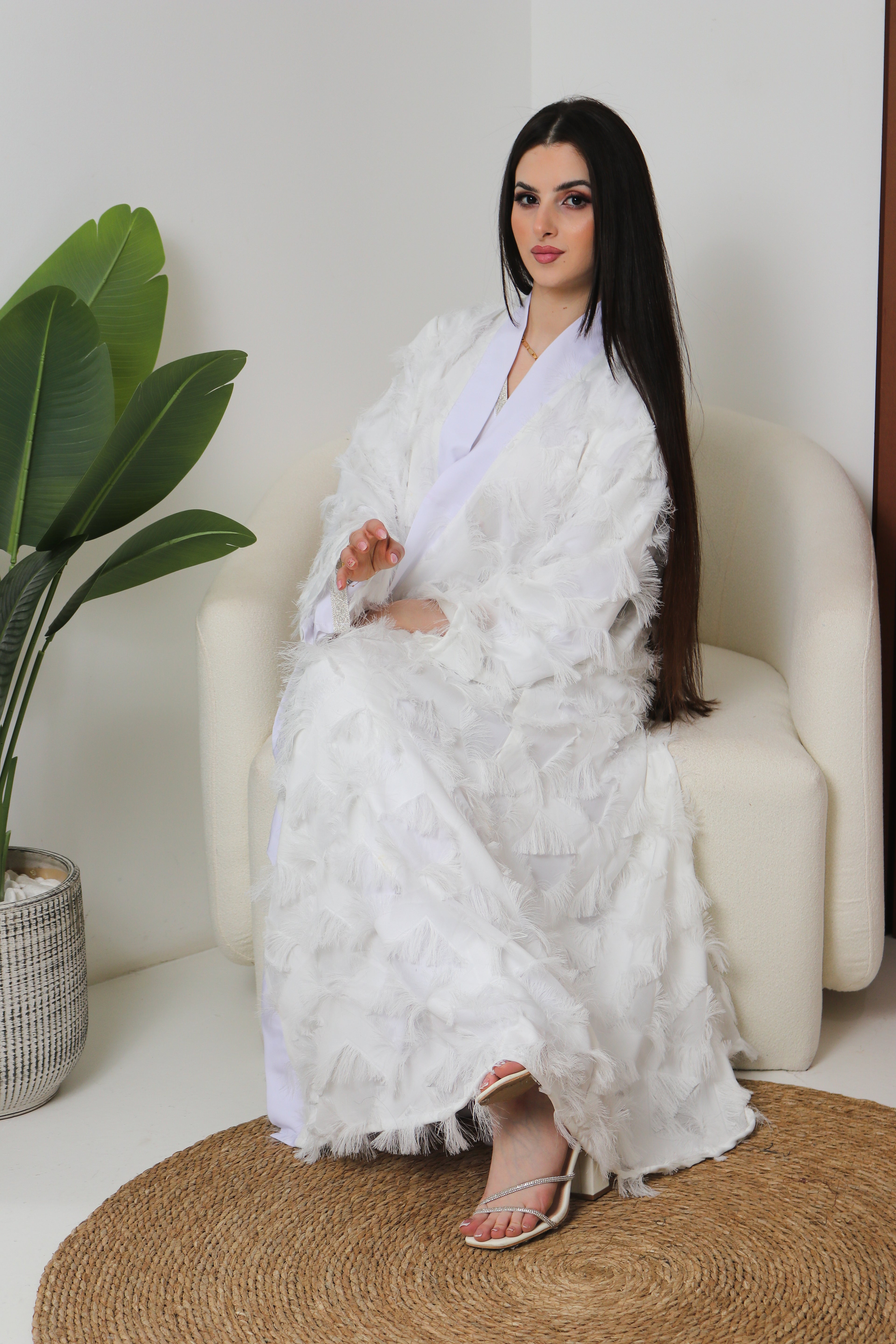 White Feather Abaya Set | Textured Feather Open Front