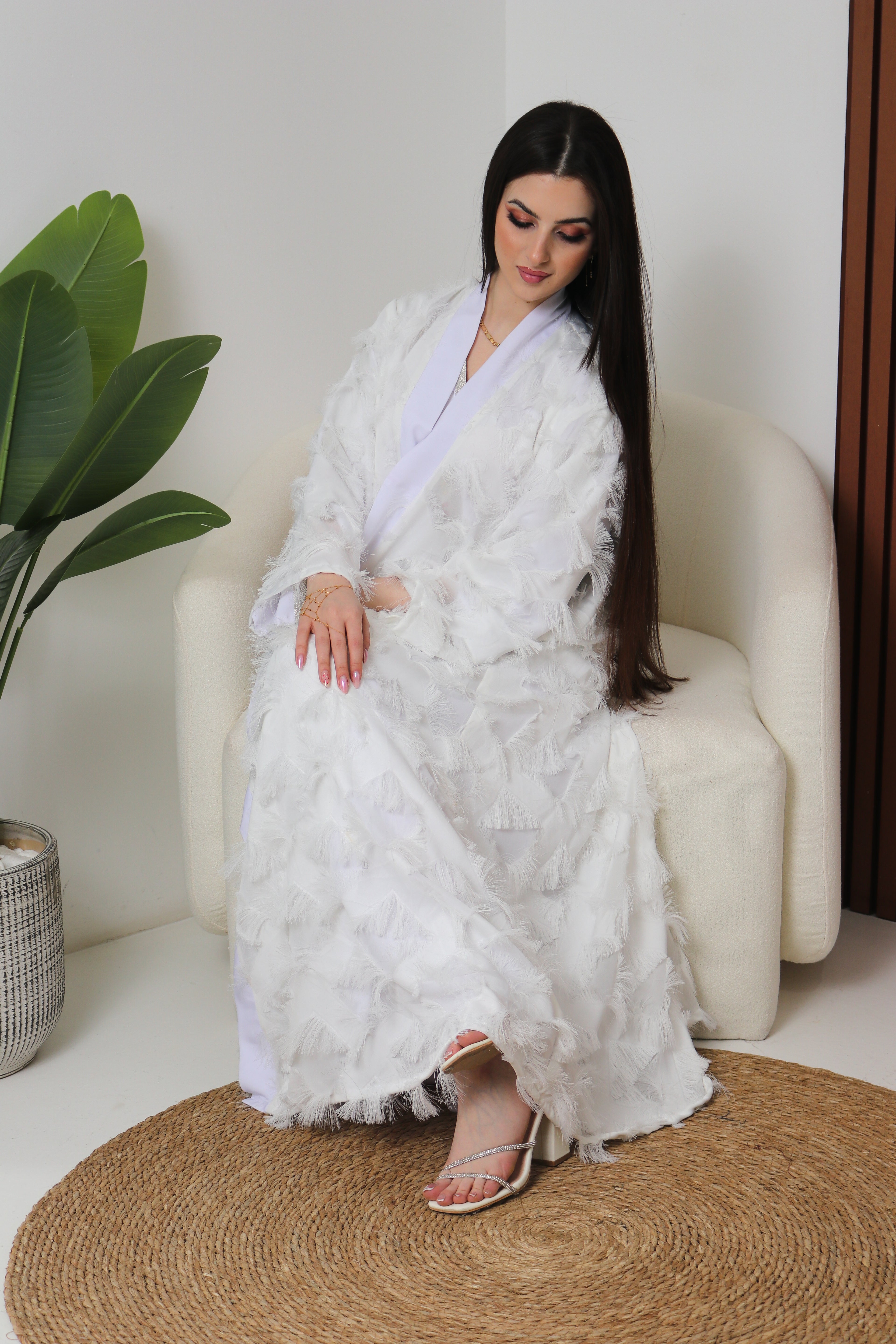 White Feather Abaya Set | Textured Feather Open Front