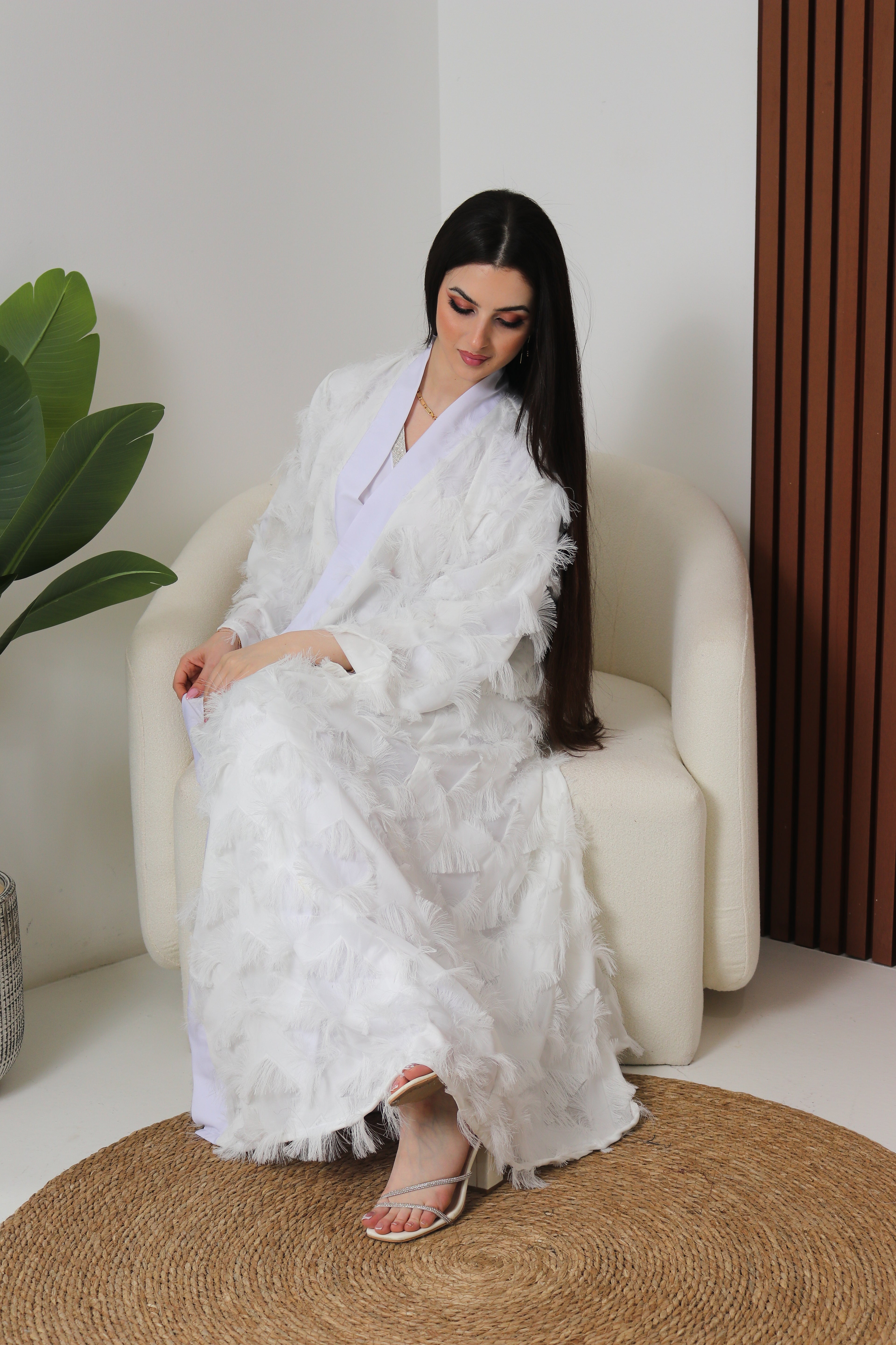 White Feather Abaya Set | Textured Feather Open Front