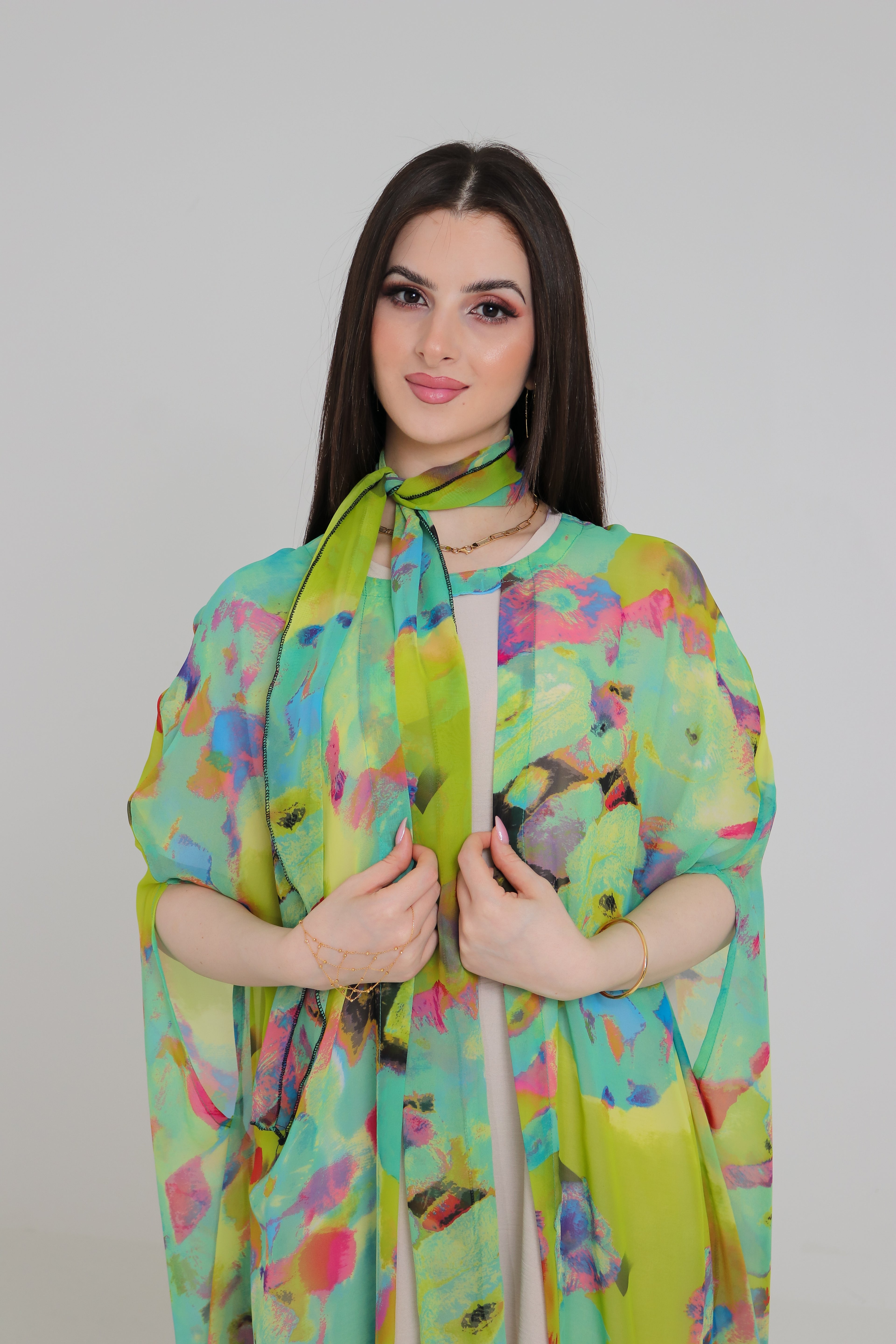 Multicolour Abstract Print Abaya Set | Chiffon Open Front with Matching Scarf