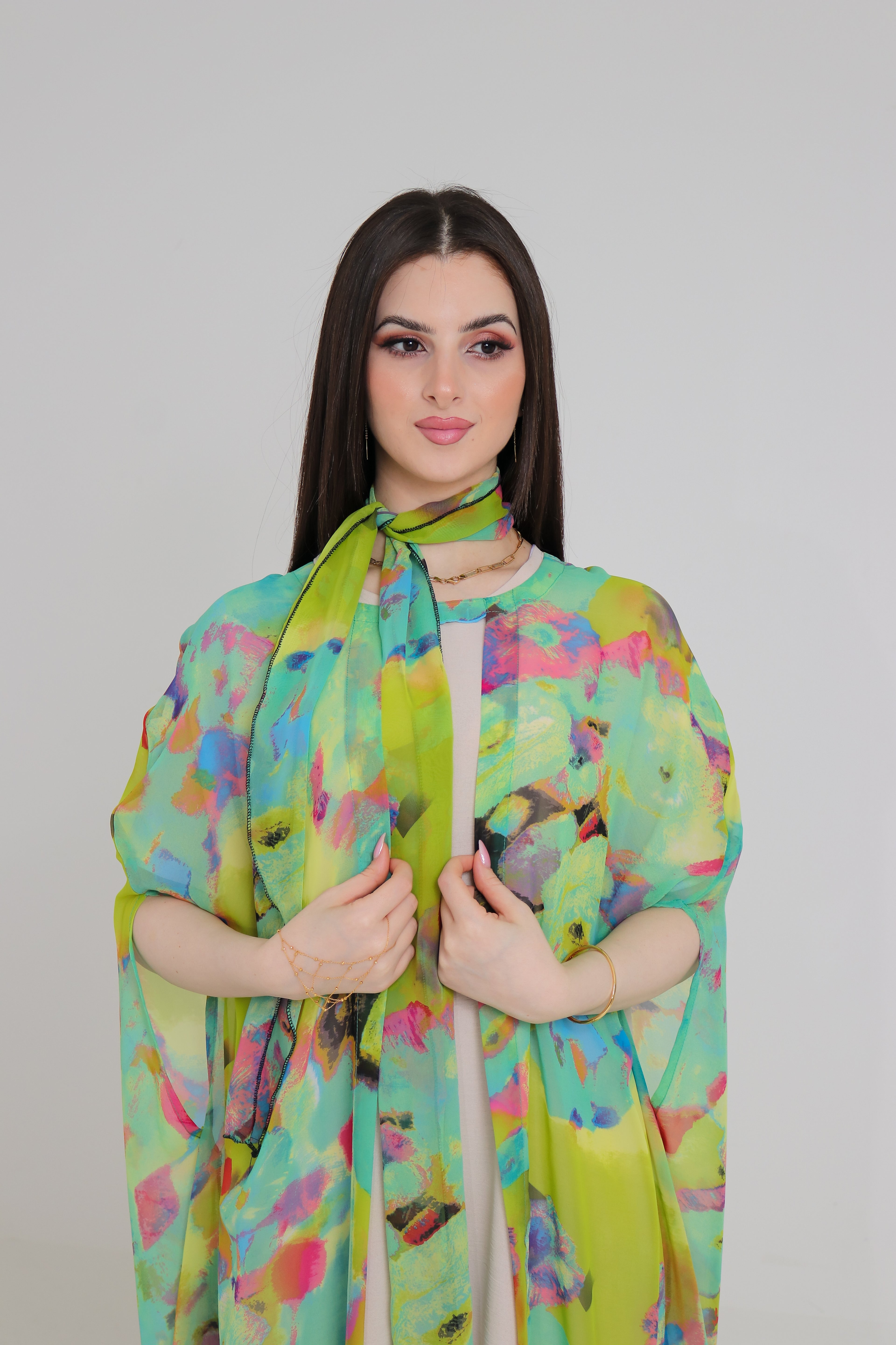 Multicolour Abstract Print Abaya Set | Chiffon Open Front with Matching Scarf