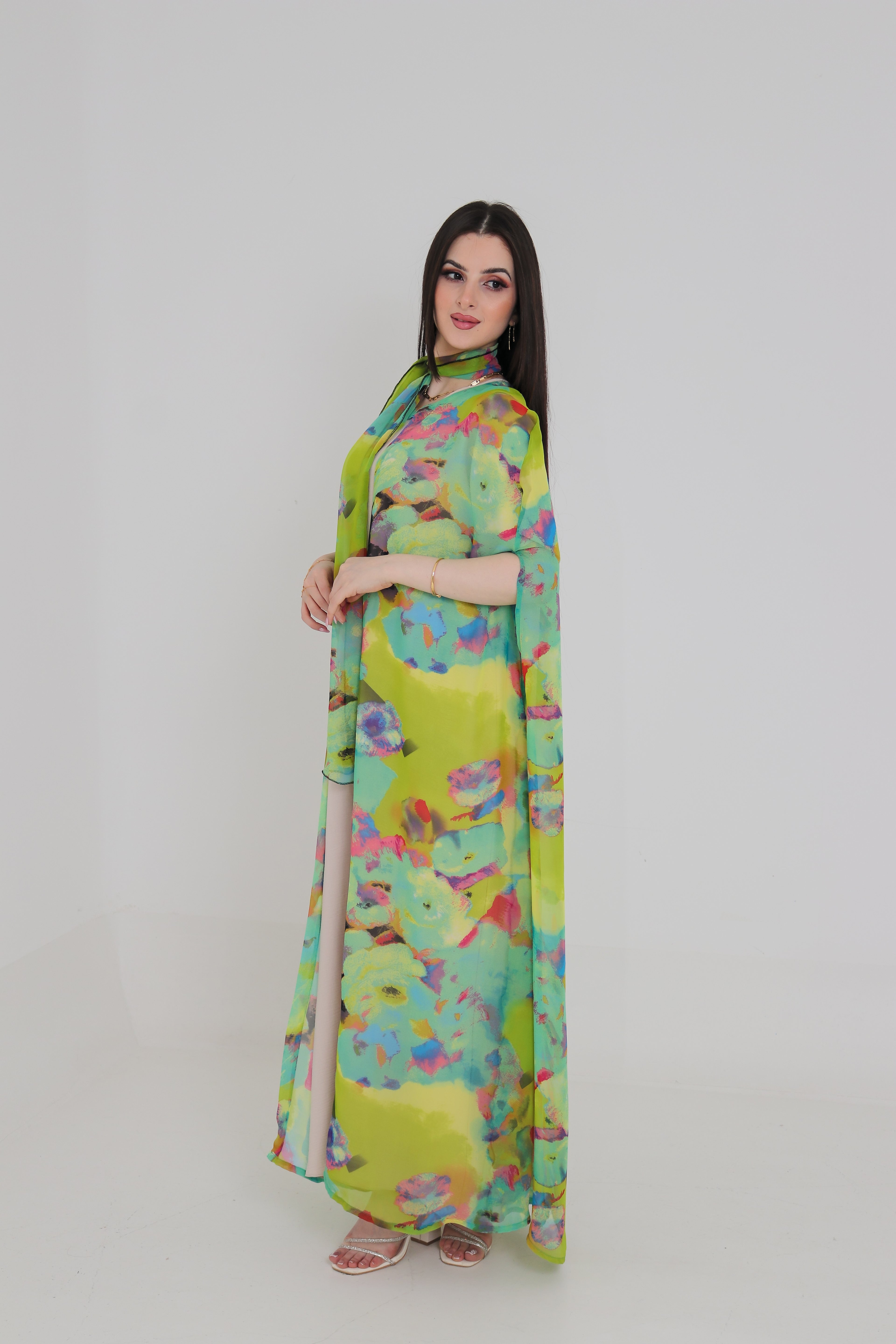 Multicolour Abstract Print Abaya Set | Chiffon Open Front with Matching Scarf