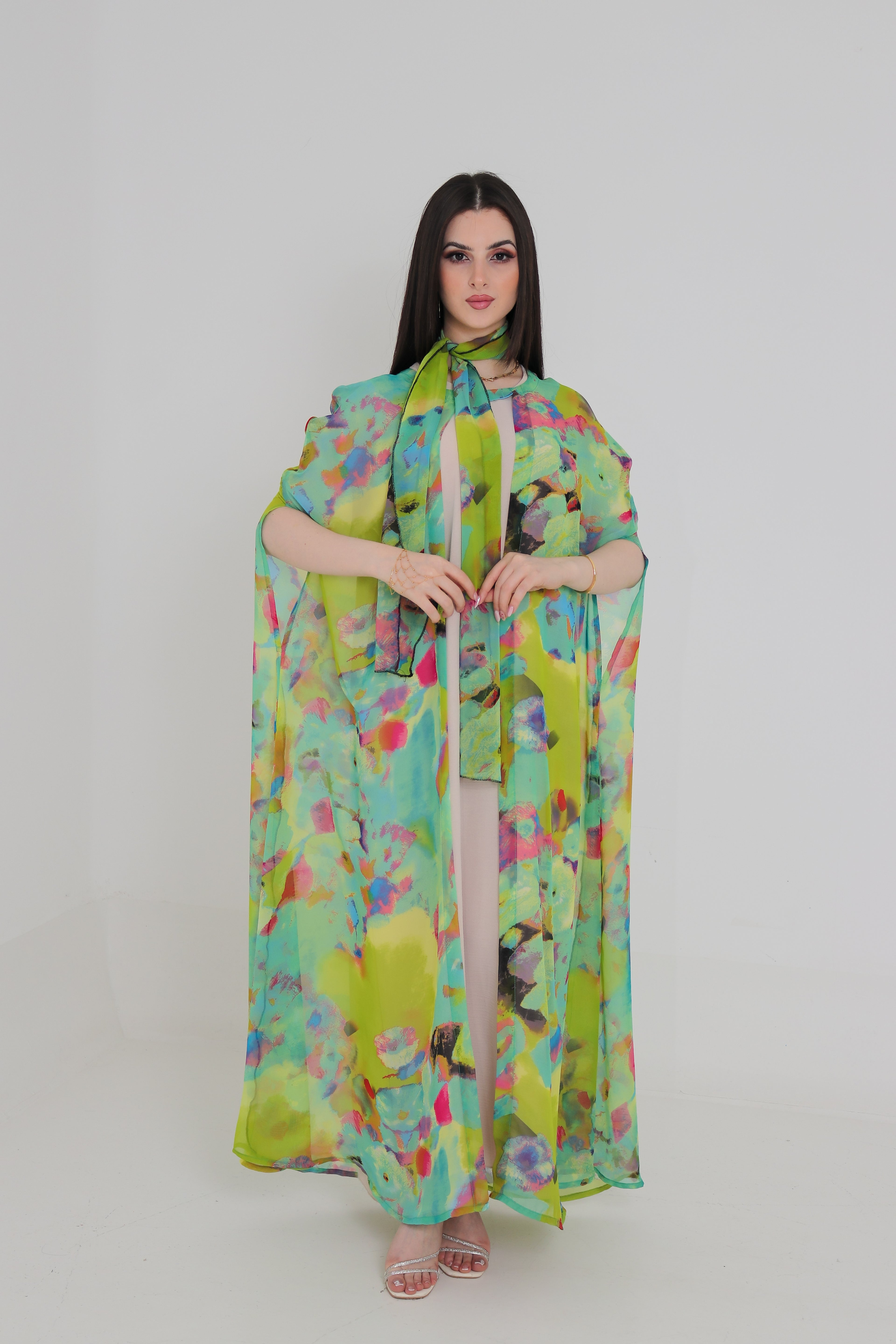Multicolour Abstract Print Abaya Set | Chiffon Open Front with Matching Scarf