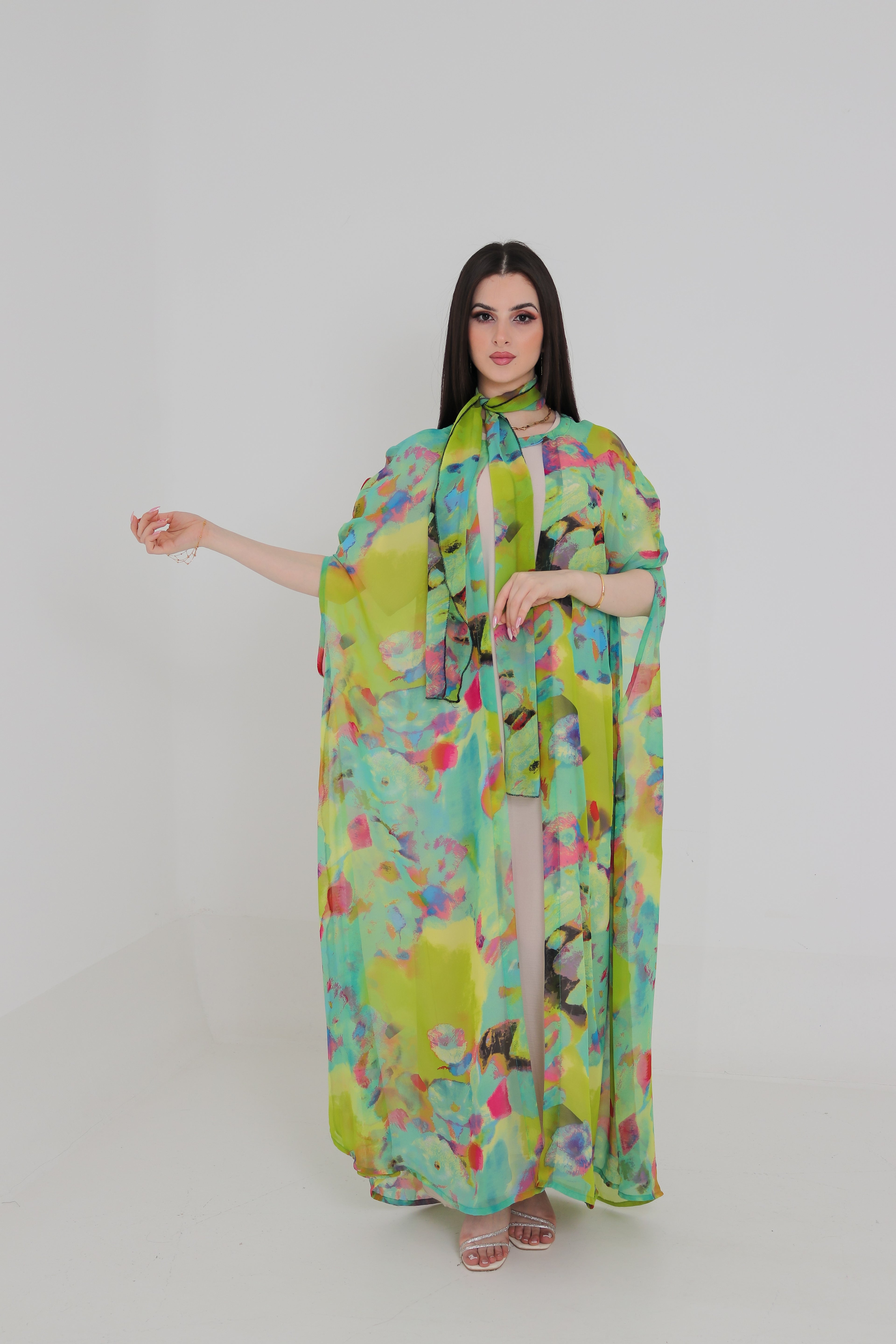 Multicolour Abstract Print Abaya Set | Chiffon Open Front with Matching Scarf