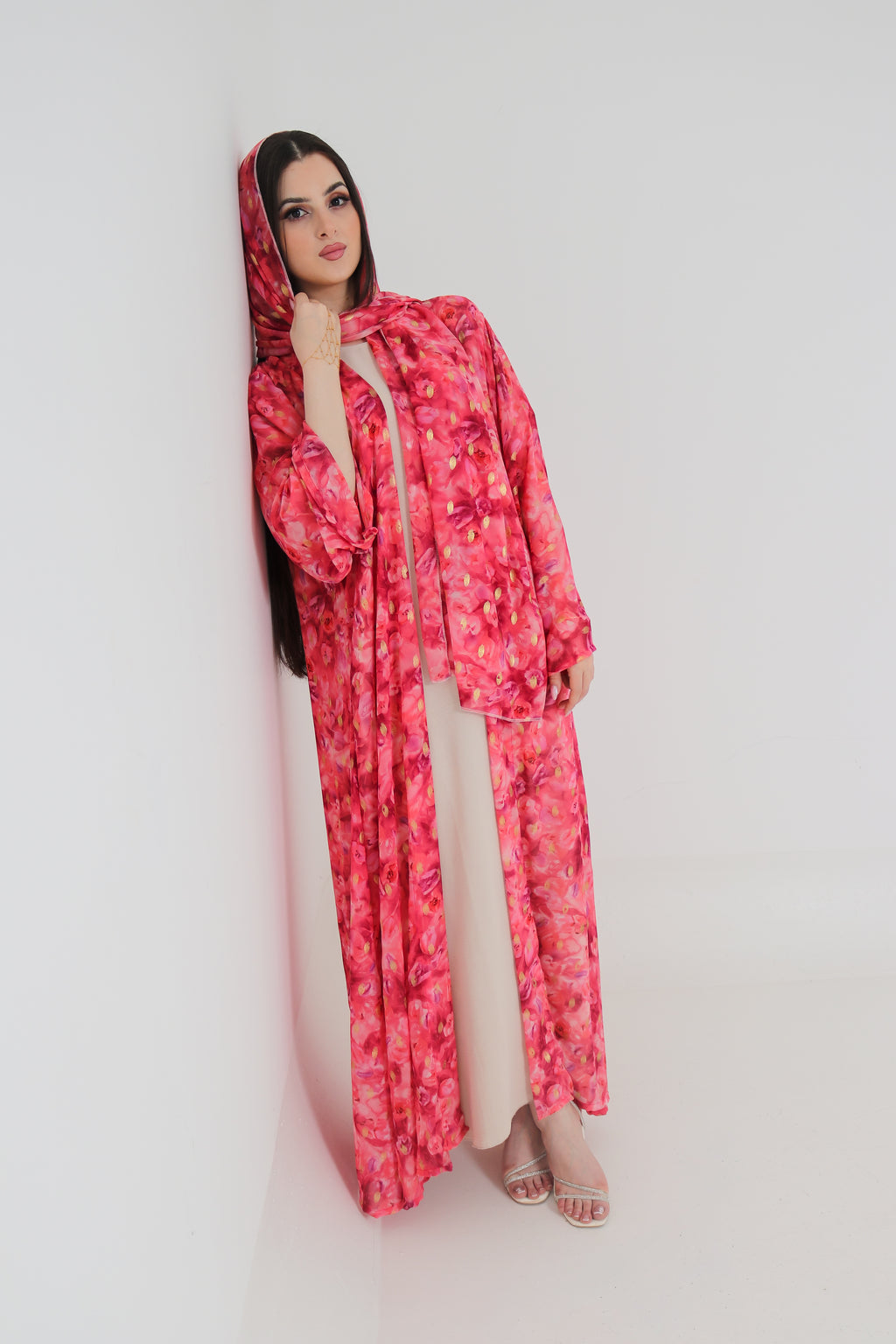 Pink Floral Abaya Set UAE | Open Front Chiffon Abaya with Matching Sheila