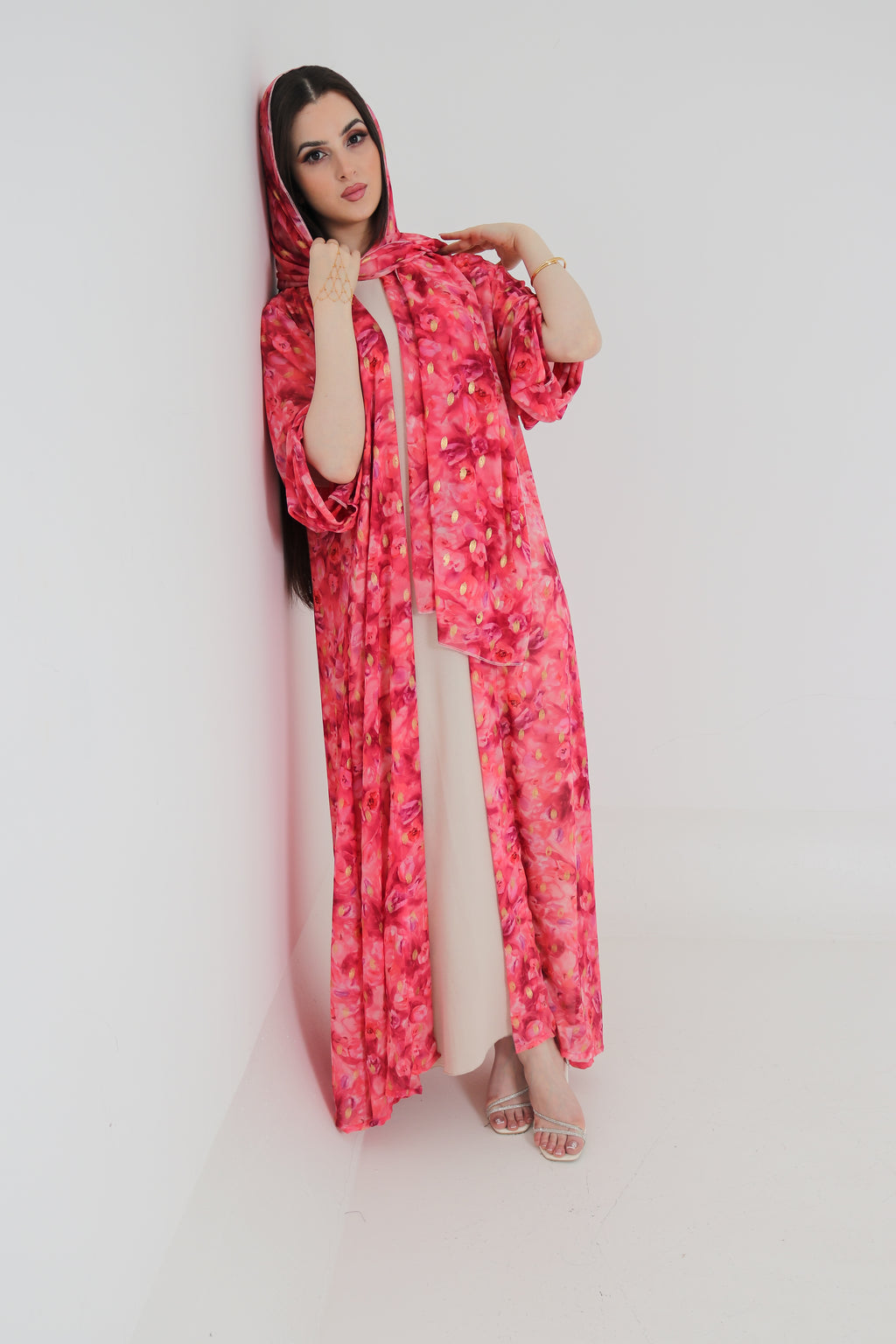 Pink Floral Abaya Set UAE | Open Front Chiffon Abaya with Matching Sheila