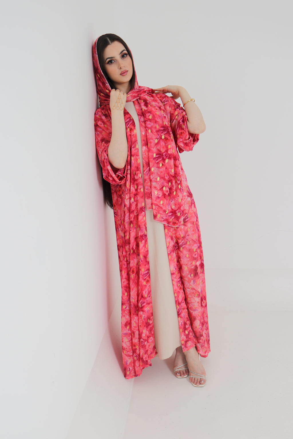 Pink Floral Abaya Set UAE | Open Front Chiffon Abaya with Matching Sheila