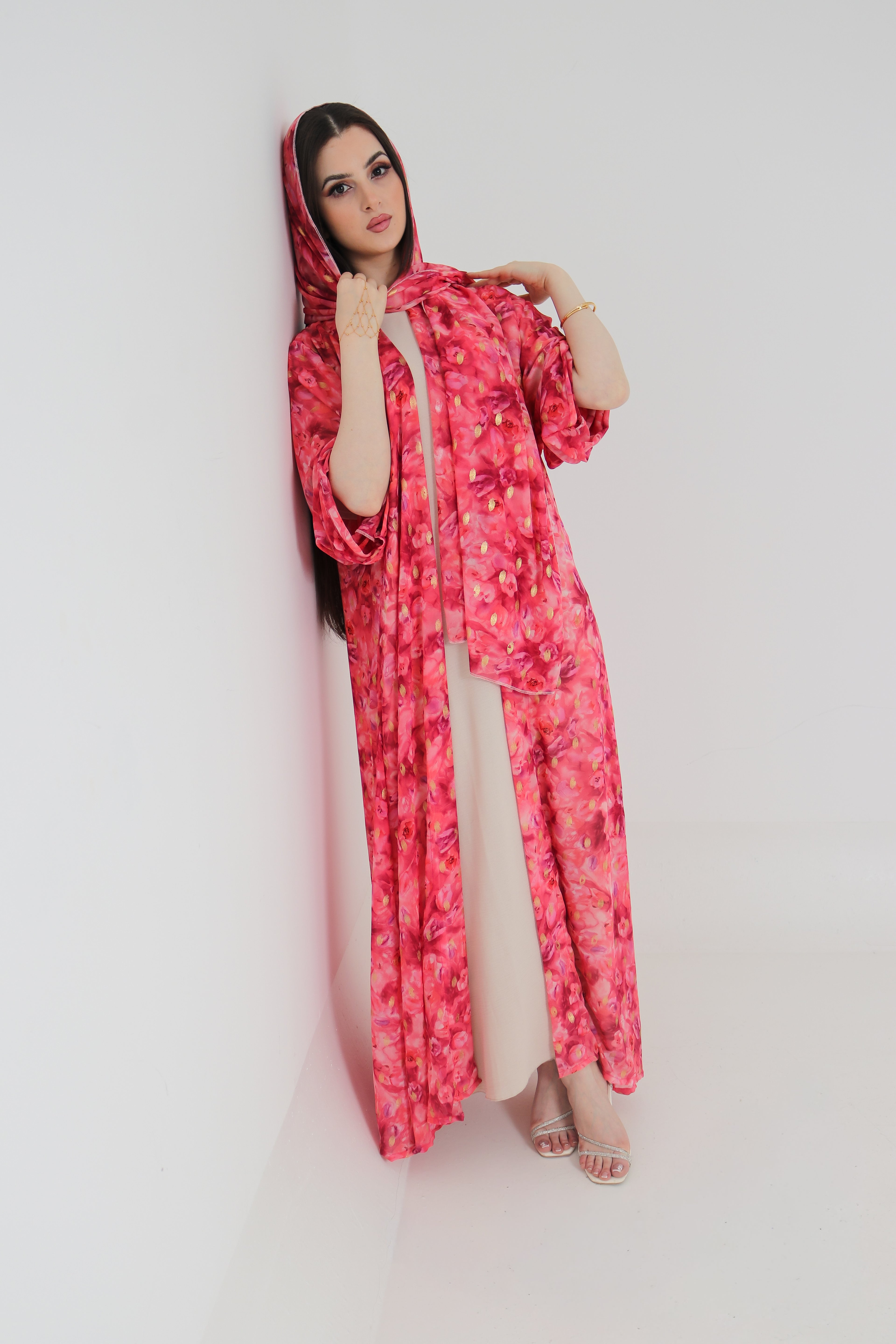 Pink Floral Abaya Set UAE | Open Front Chiffon Abaya with Matching Sheila