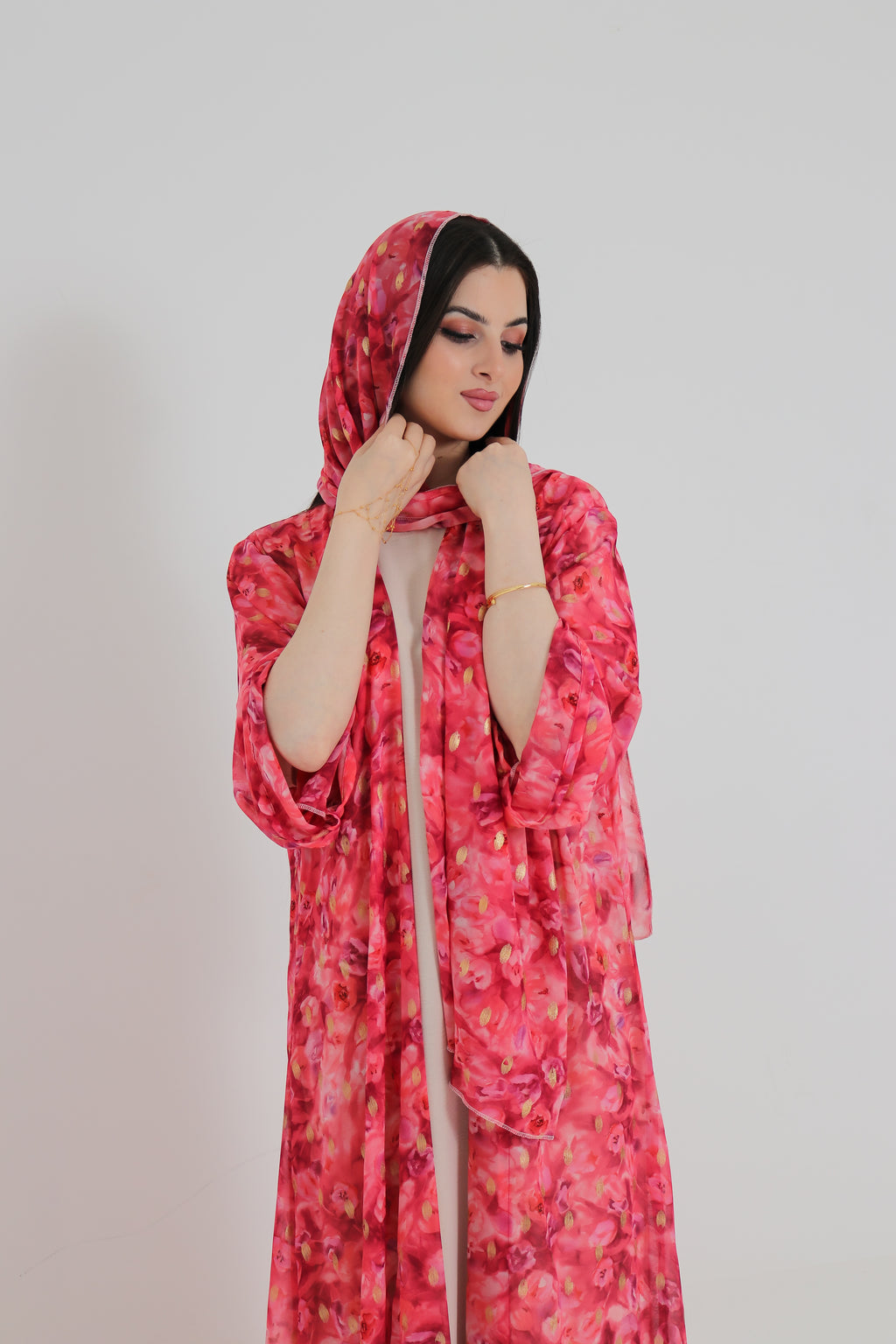 Pink Floral Abaya Set UAE | Open Front Chiffon Abaya with Matching Sheila