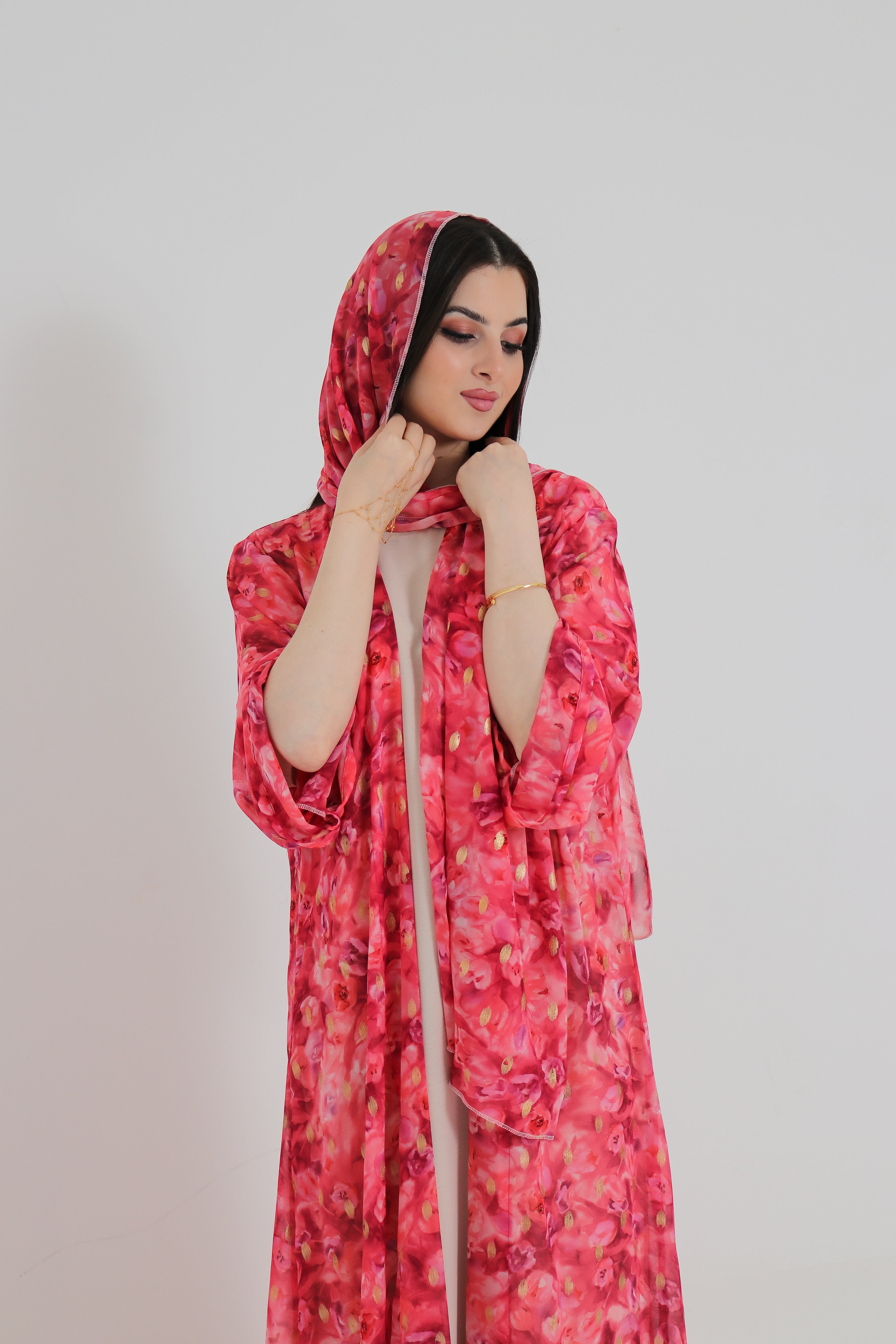 Pink Floral Abaya Set UAE | Open Front Chiffon Abaya with Matching Sheila