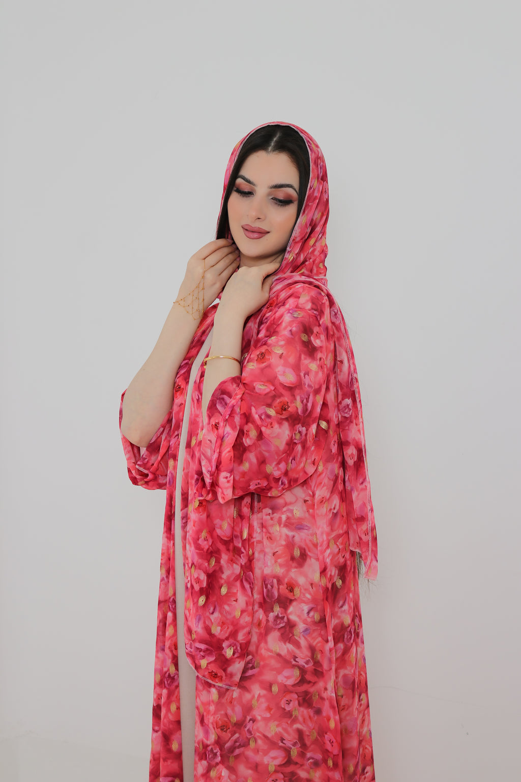 Pink Floral Abaya Set UAE | Open Front Chiffon Abaya with Matching Sheila