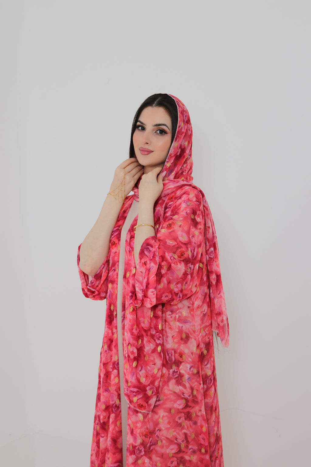 Pink Floral Abaya Set UAE | Open Front Chiffon Abaya with Matching Sheila