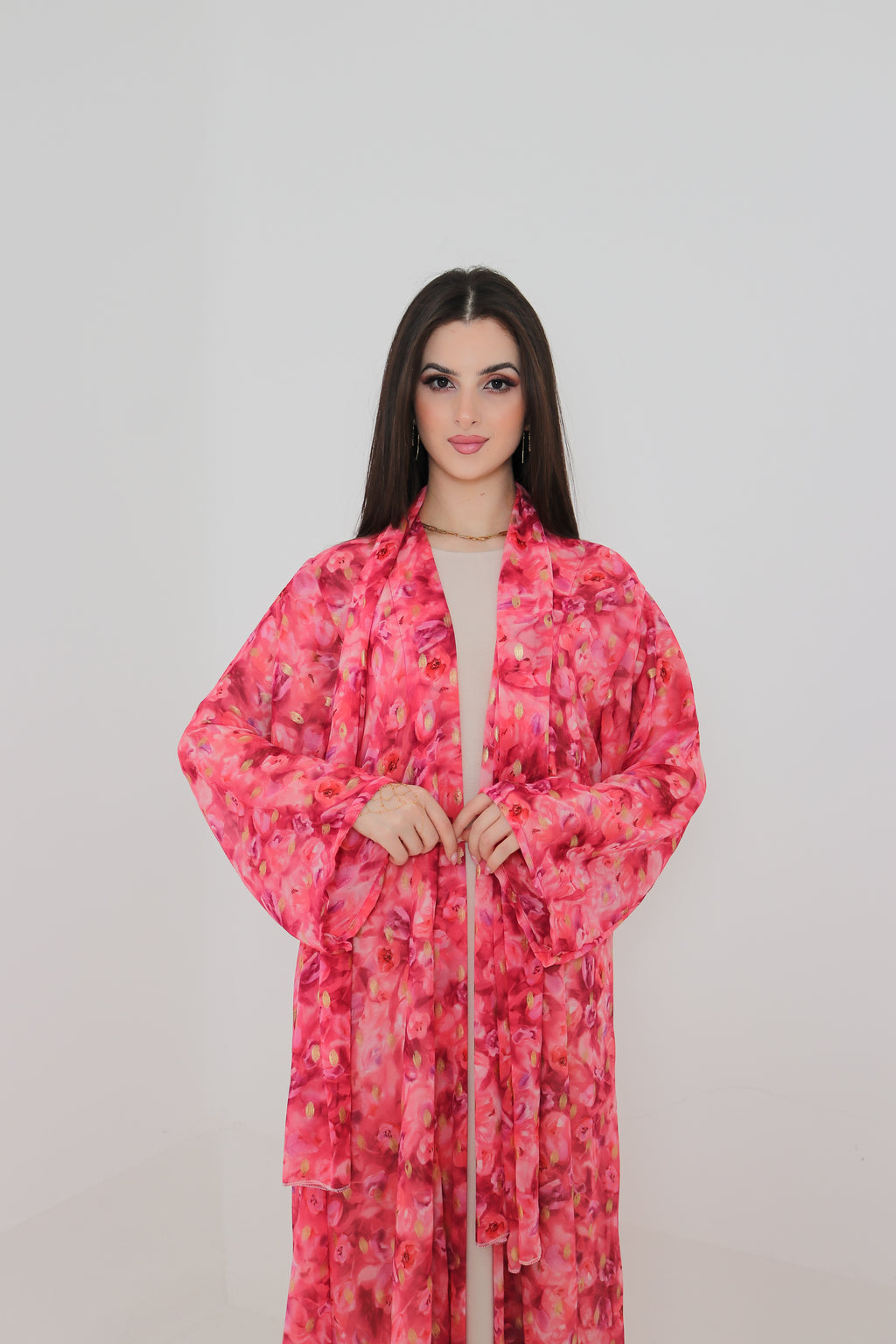 Pink Floral Abaya Set UAE | Open Front Chiffon Abaya with Matching Sheila
